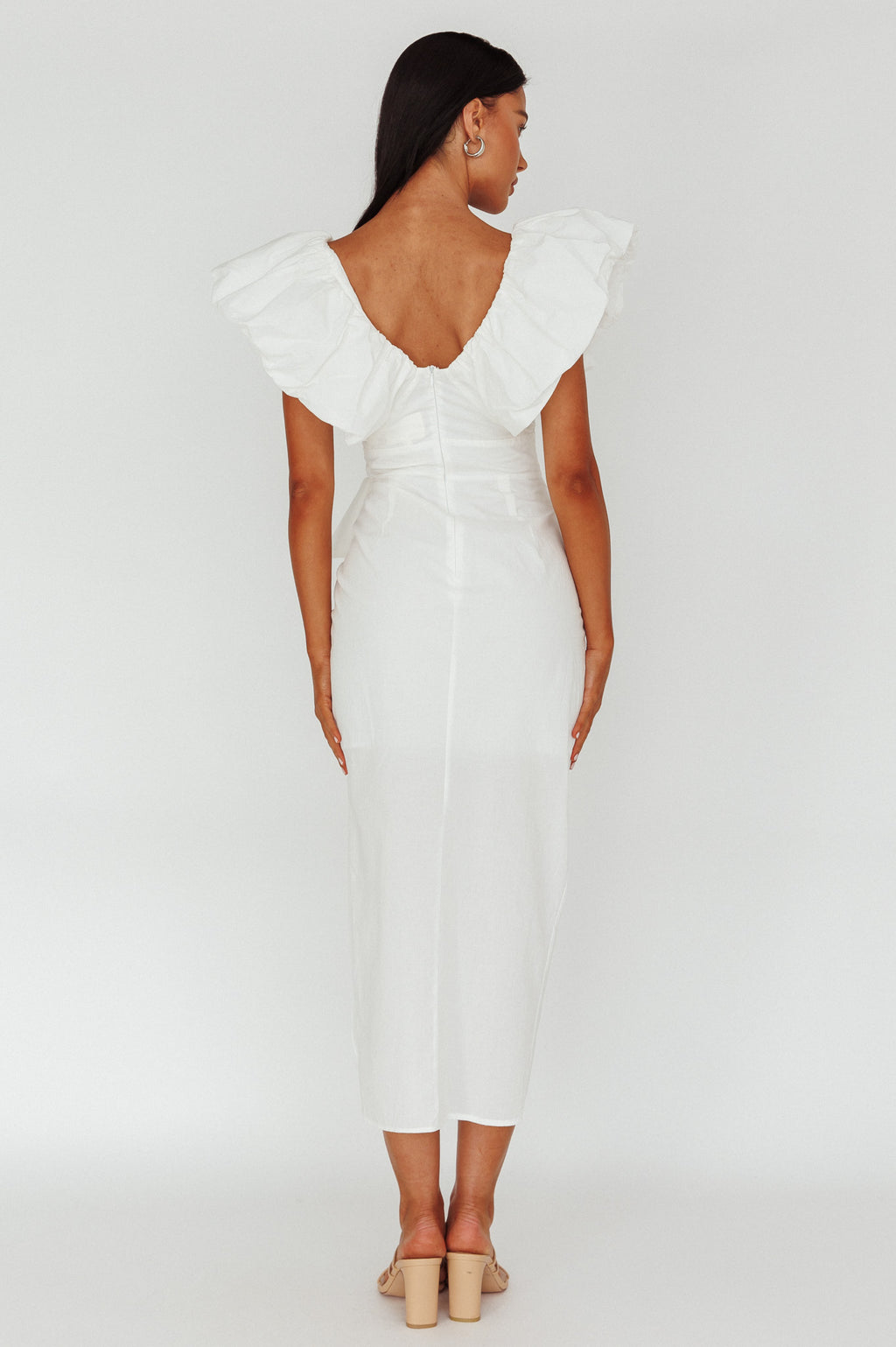 Kahlo Ruffle Neckline Wrap Midi Dress White by Selfie Leslie Australia
