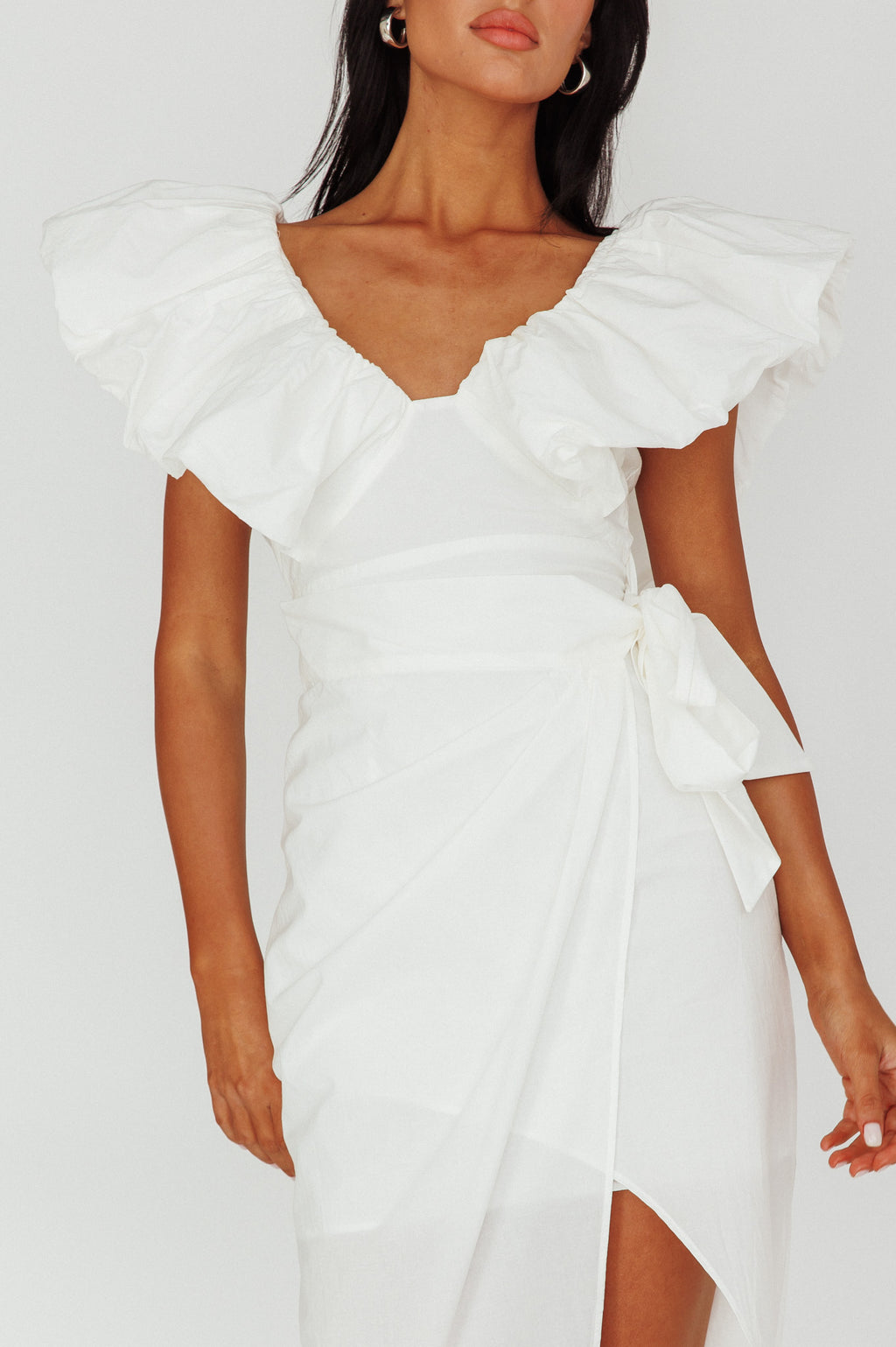 Kahlo Ruffle Neckline Wrap Midi Dress White by Selfie Leslie Australia