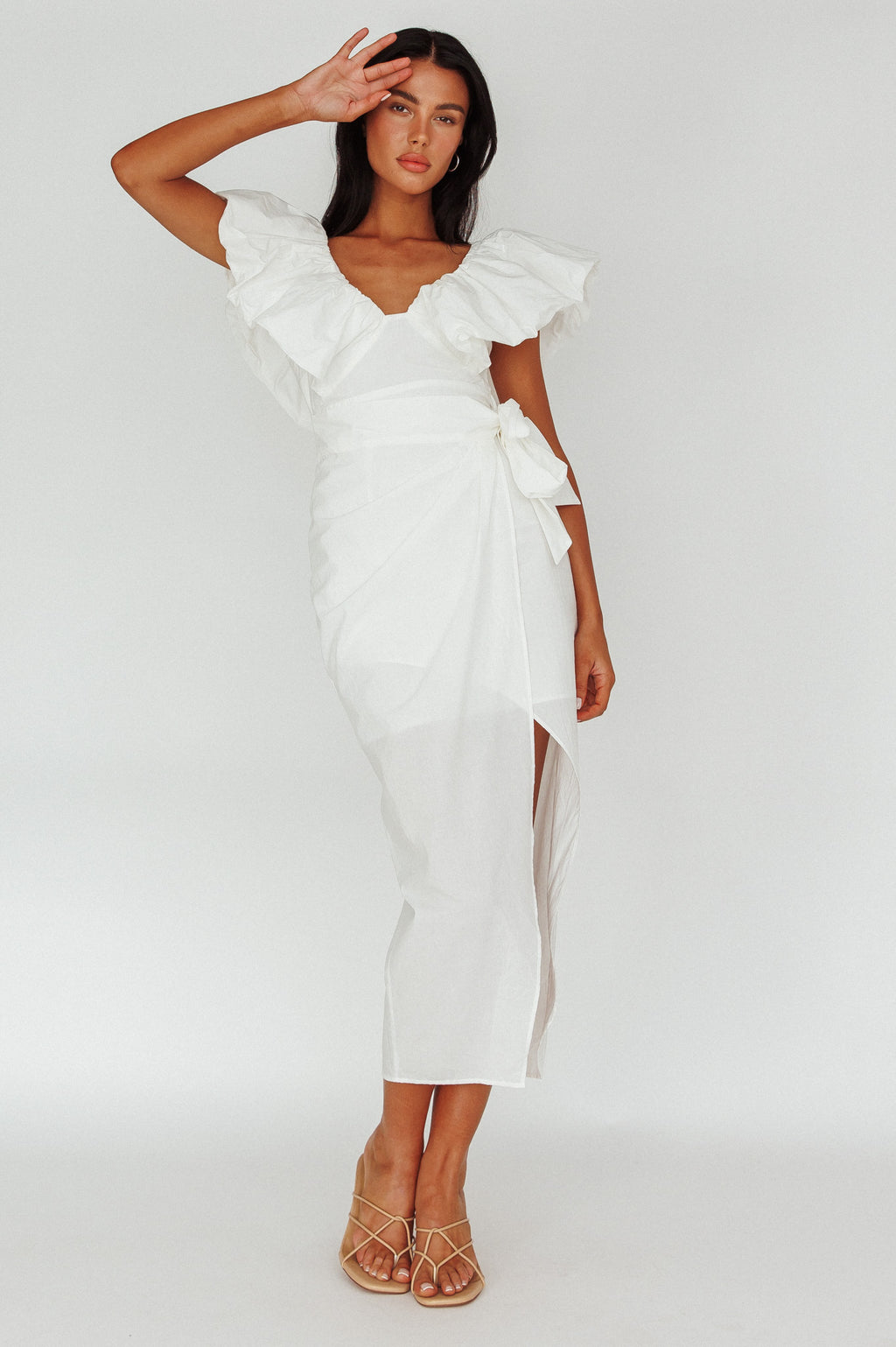 Kahlo Ruffle Neckline Wrap Midi Dress White by Selfie Leslie Australia