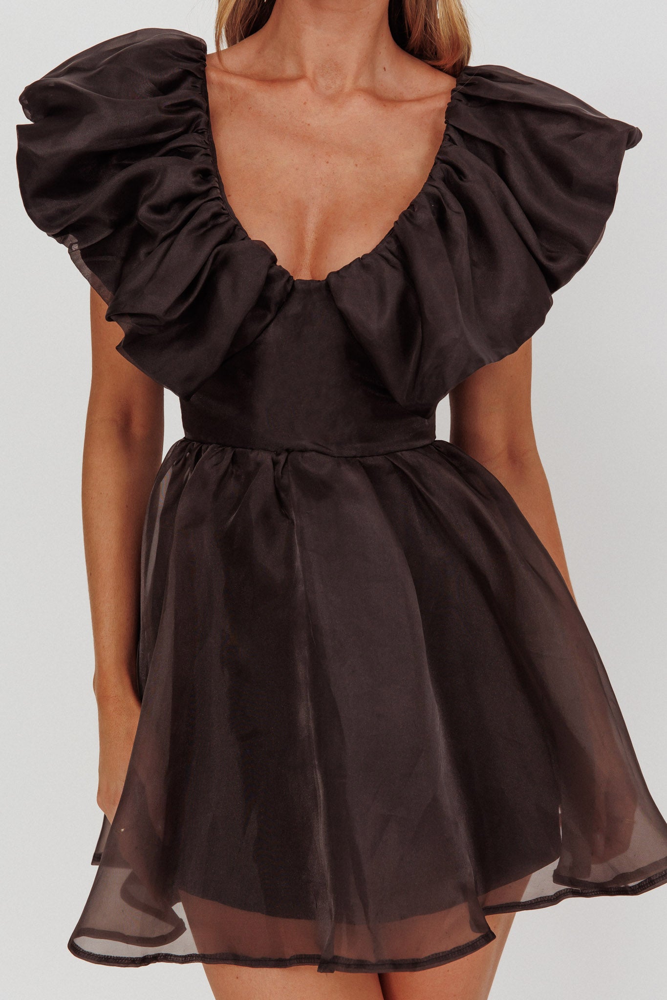 Kahlo Ruffle Neckline Mini Dress Black by Selfie Leslie Australia