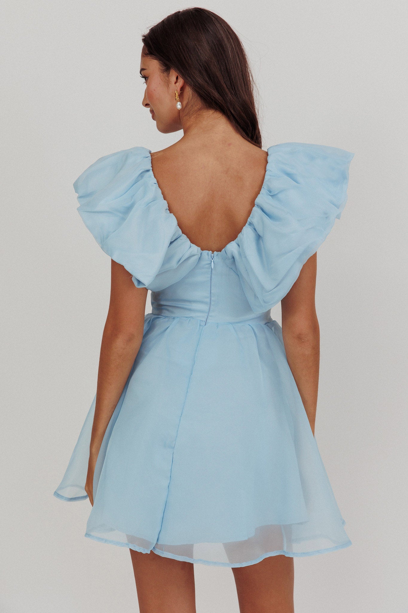 Kahlo Ruffle Neckline Mini Dress Blue by Selfie Leslie Australia