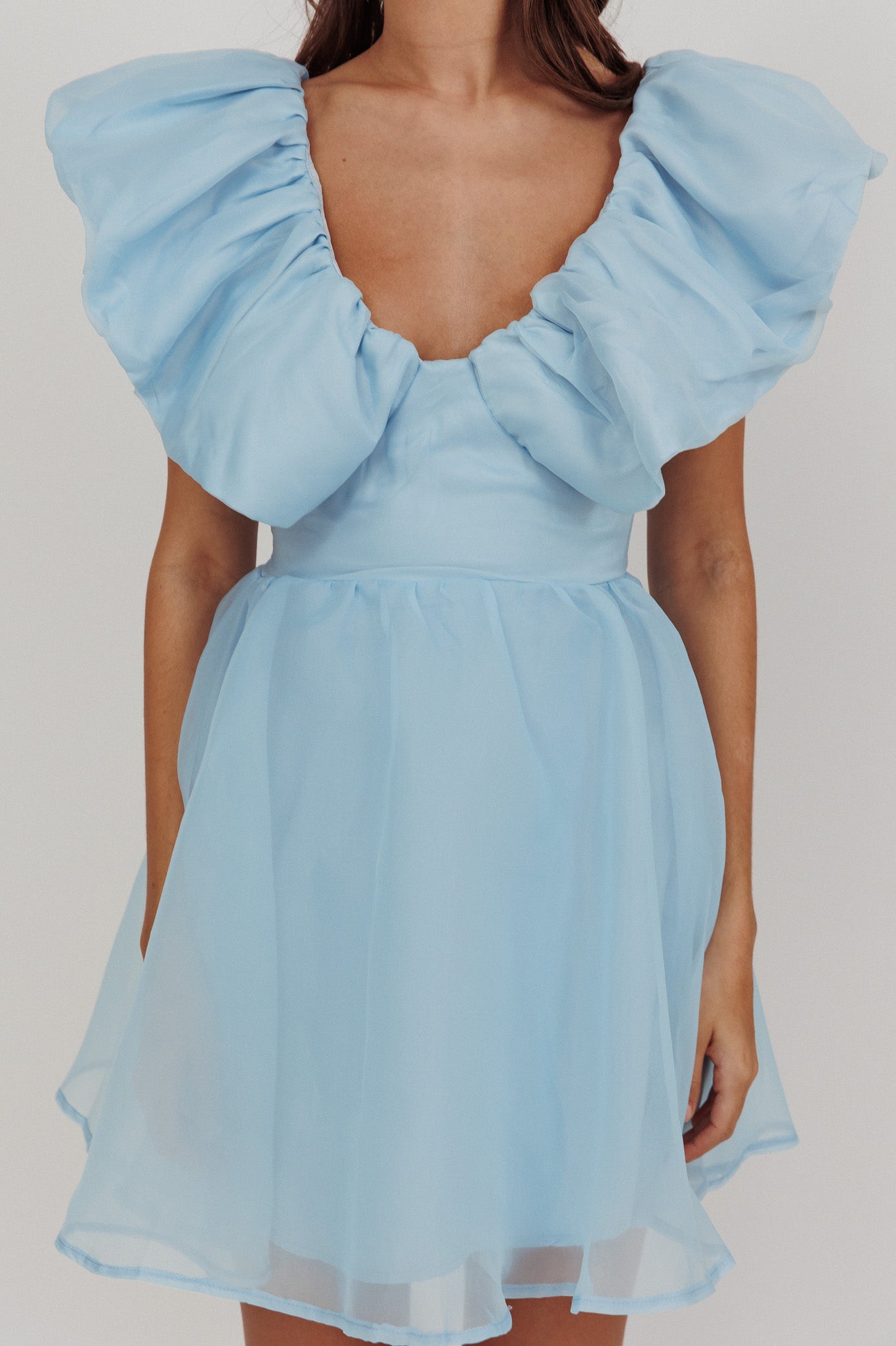 Kahlo Ruffle Neckline Mini Dress Blue by Selfie Leslie Australia