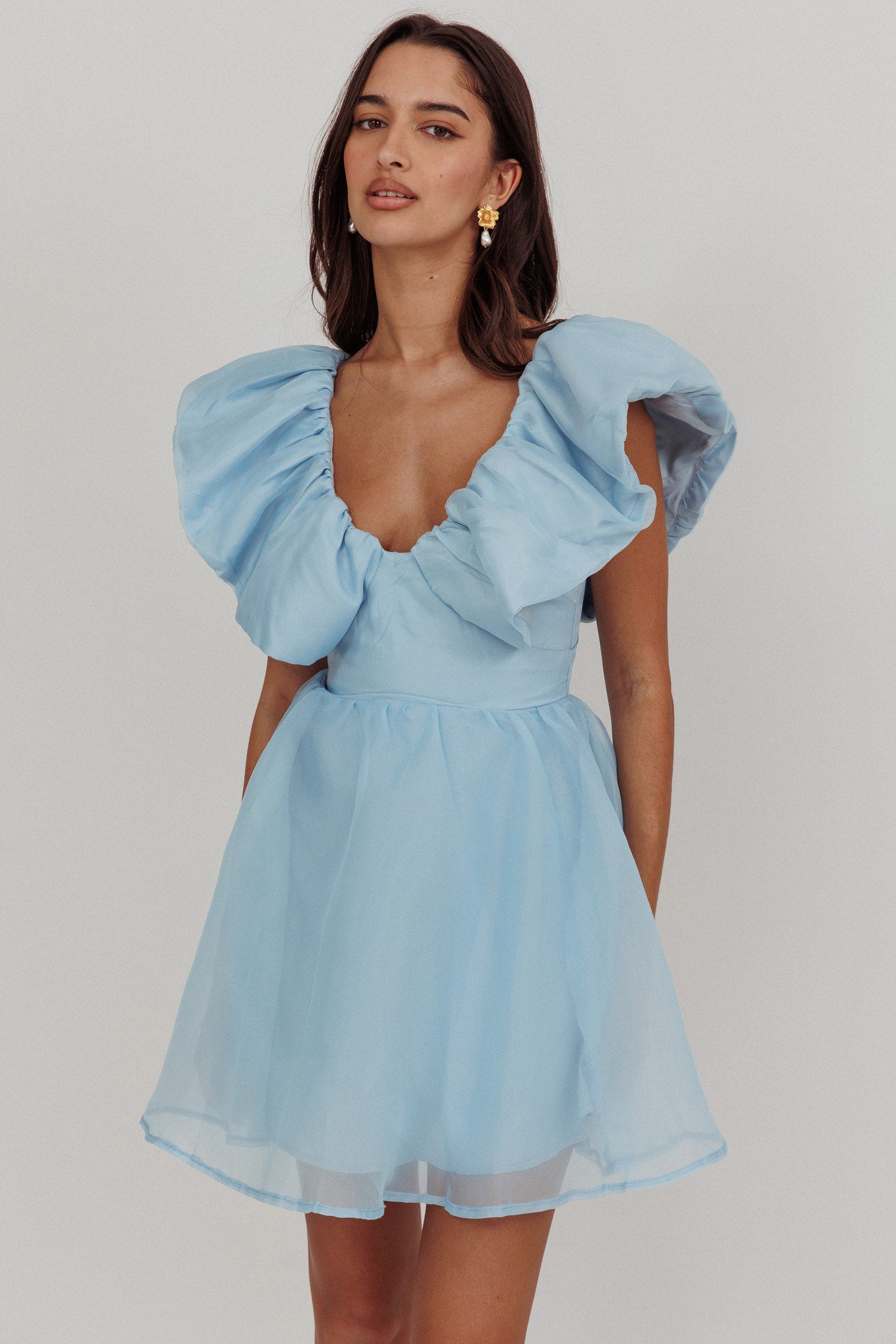 Kahlo Ruffle Neckline Mini Dress Blue by Selfie Leslie Australia