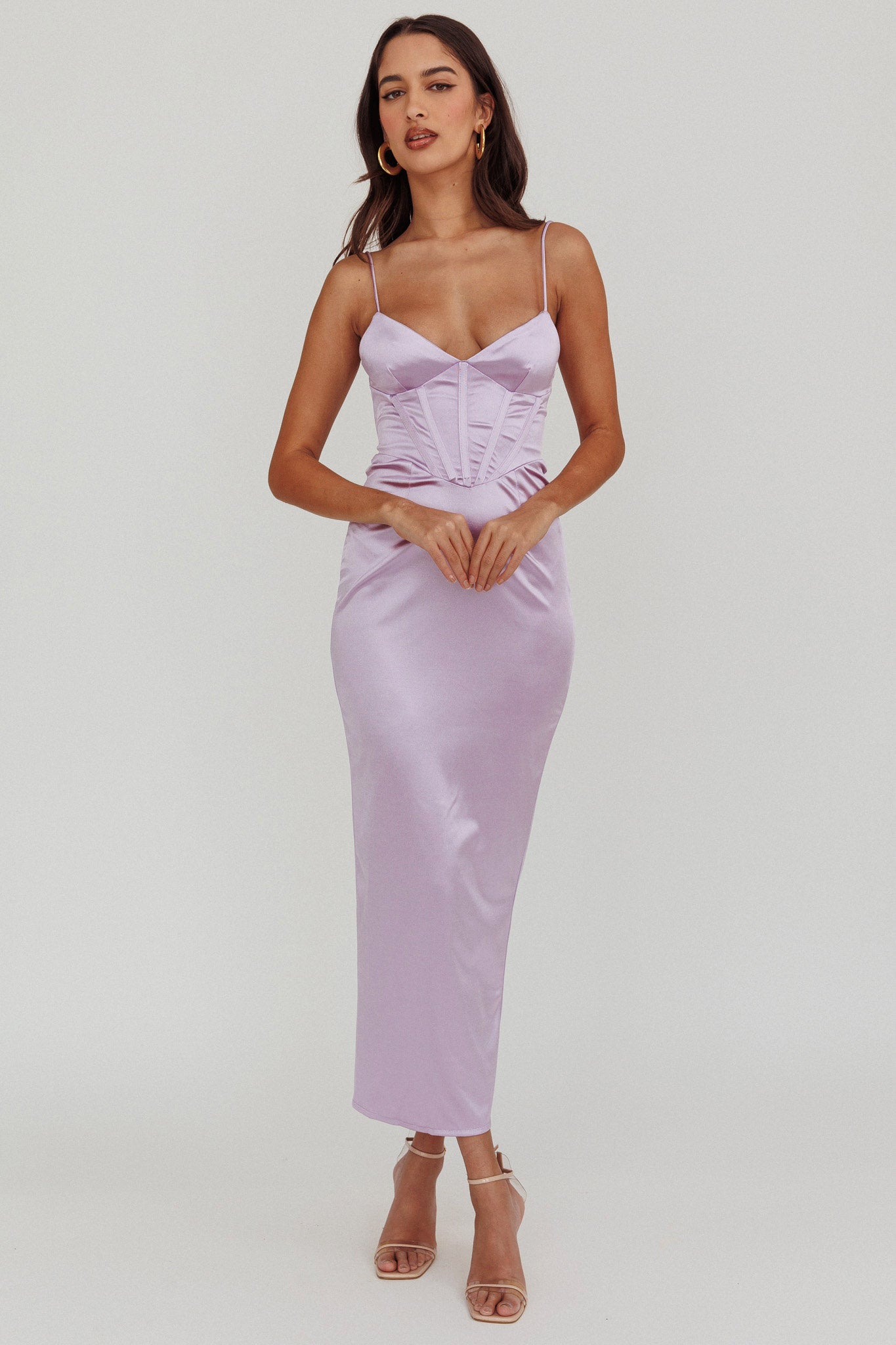 Seraya Lace-Up Back Satin Maxi Dress Lilac by Selfie Leslie Australia