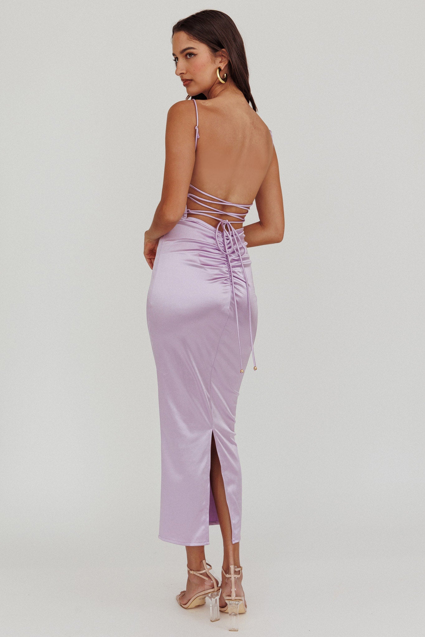 Seraya Lace-Up Back Satin Maxi Dress Lilac by Selfie Leslie Australia