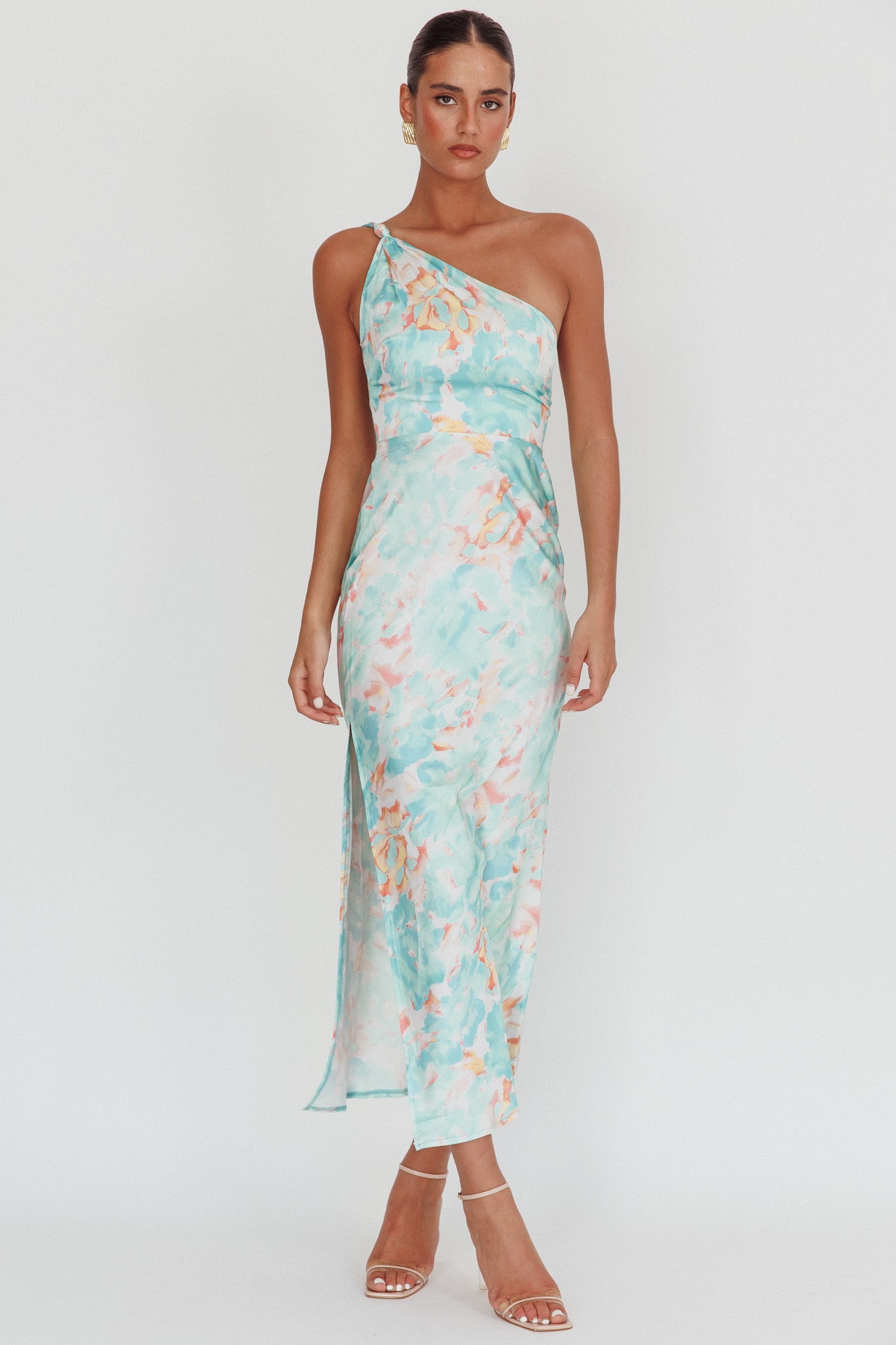 Portland One-Shoulder Maxi Dress Floral Mint by Selfie Leslie Australia