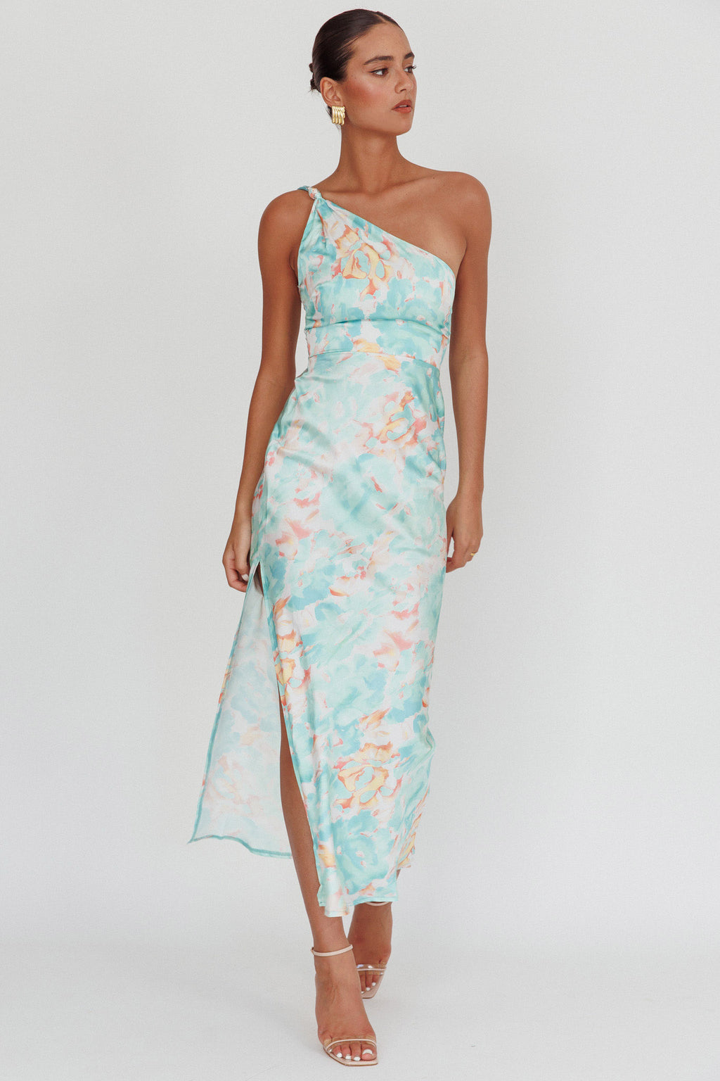 Portland One-Shoulder Maxi Dress Floral Mint by Selfie Leslie Australia