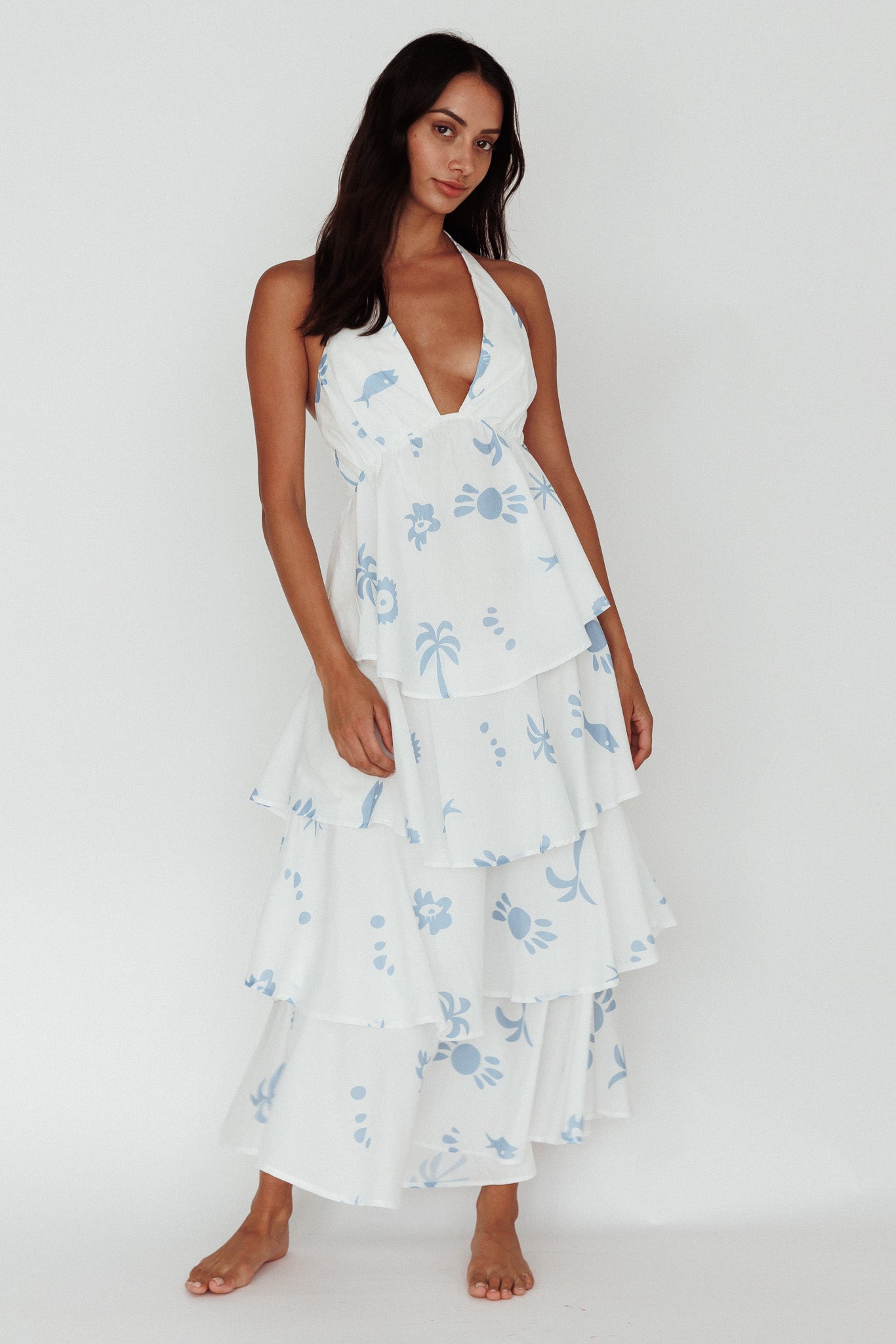 Catalina Tiered Ruffle Maxi Dress White Blue by Selfie Leslie Australia