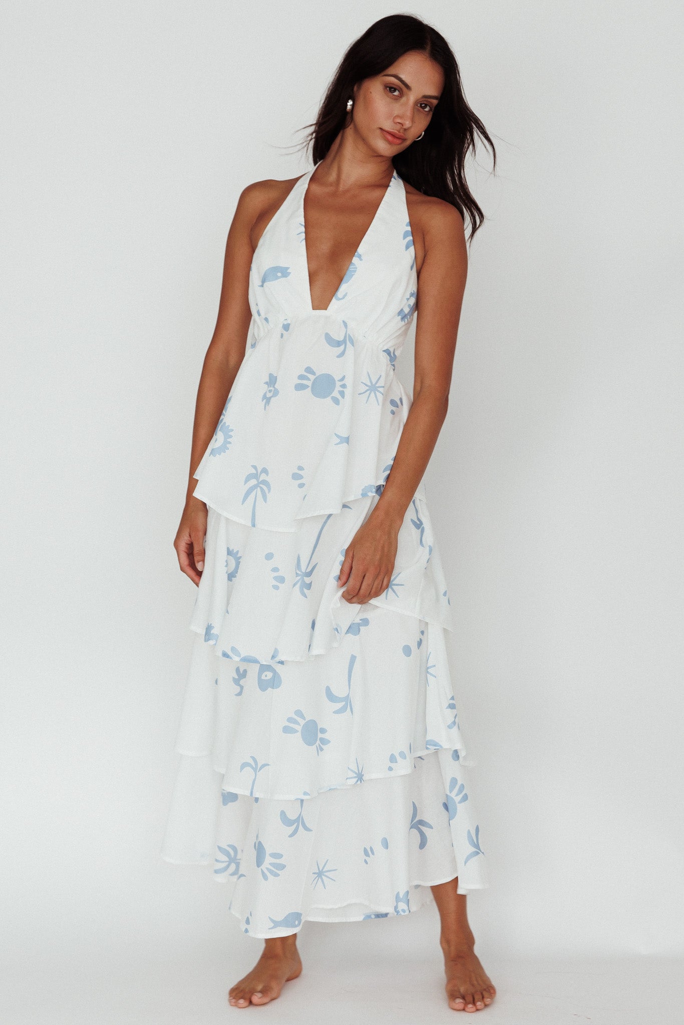 Catalina Tiered Ruffle Maxi Dress White Blue by Selfie Leslie Australia