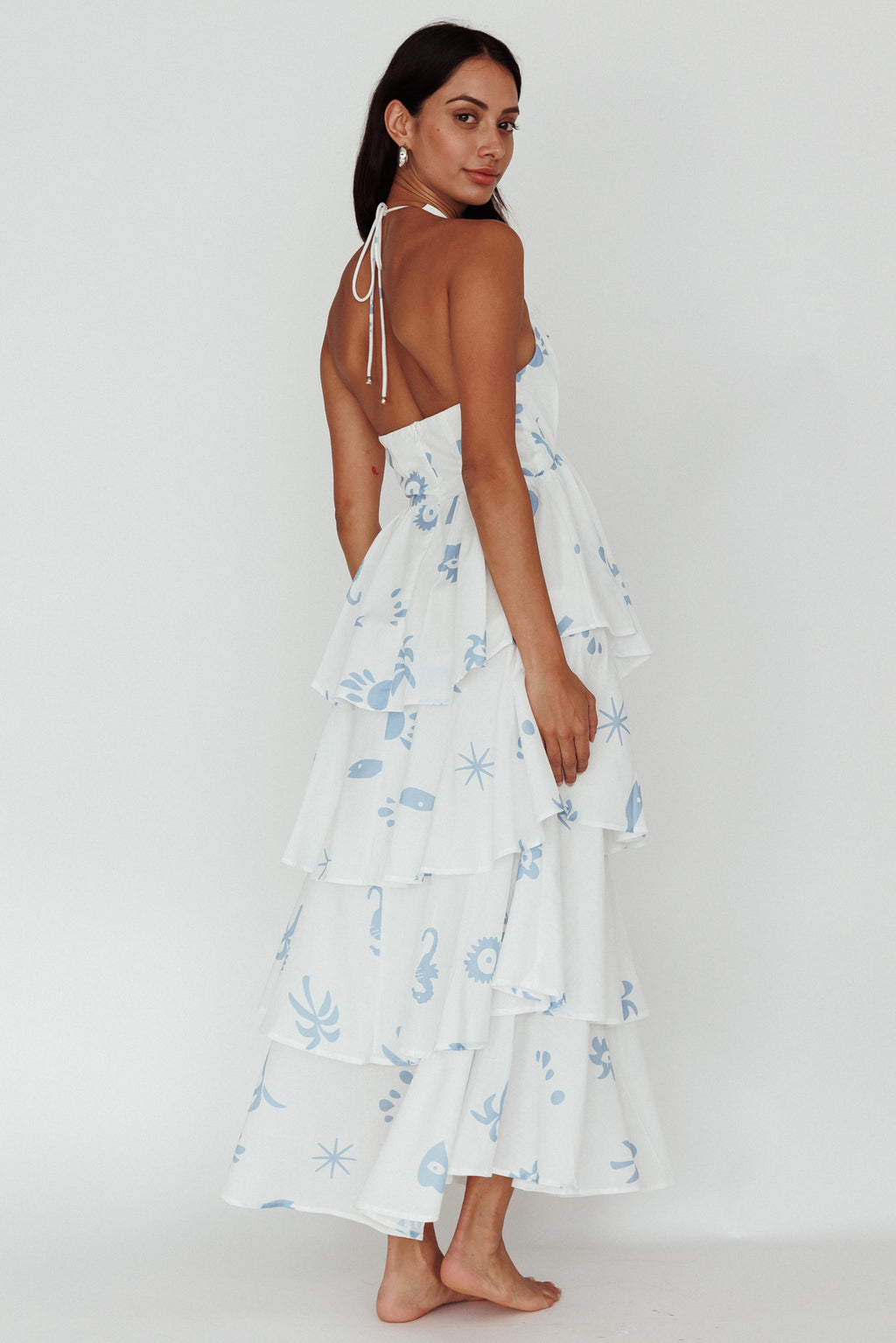 Catalina Tiered Ruffle Maxi Dress White Blue by Selfie Leslie Australia
