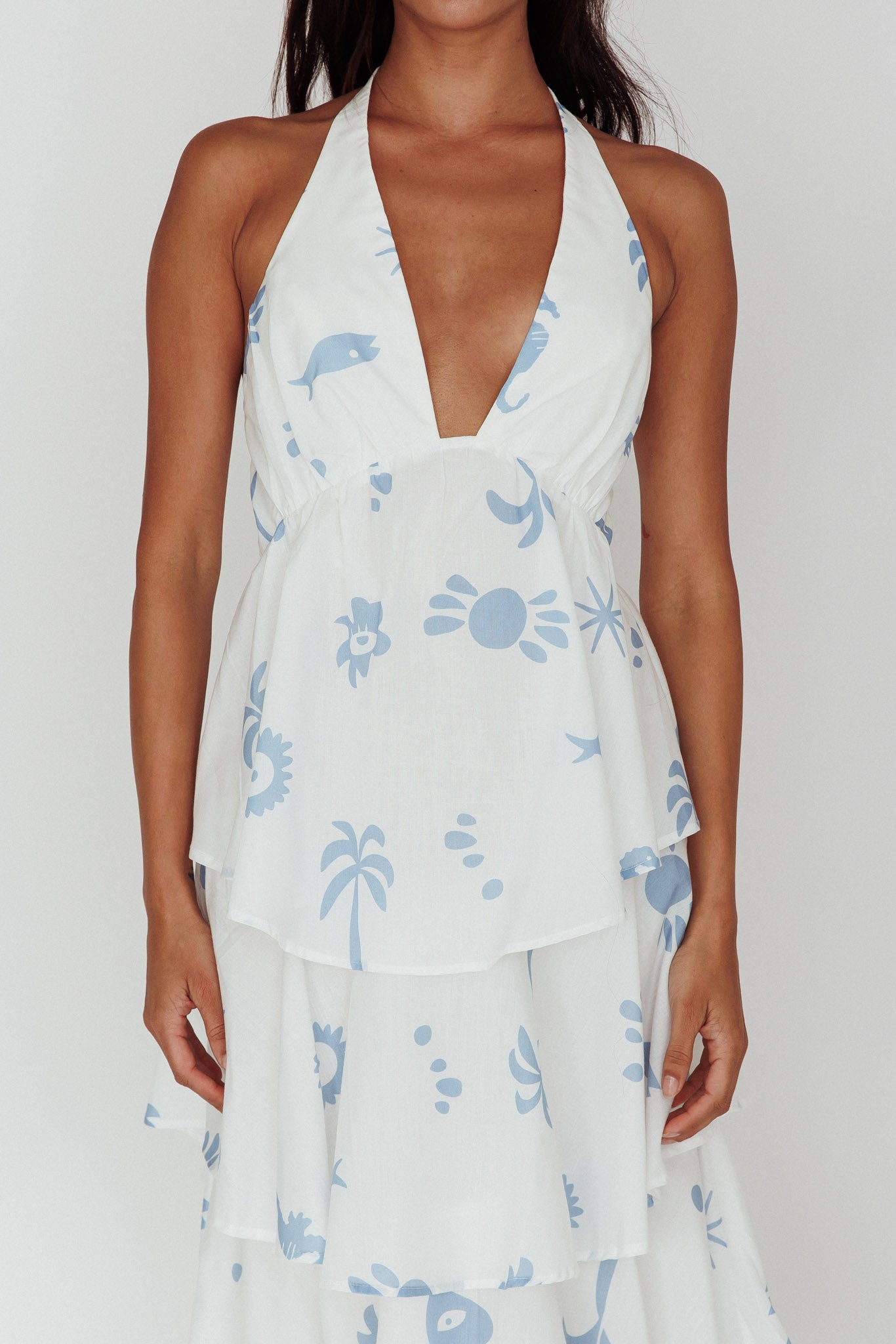 Catalina Tiered Ruffle Maxi Dress White Blue by Selfie Leslie Australia