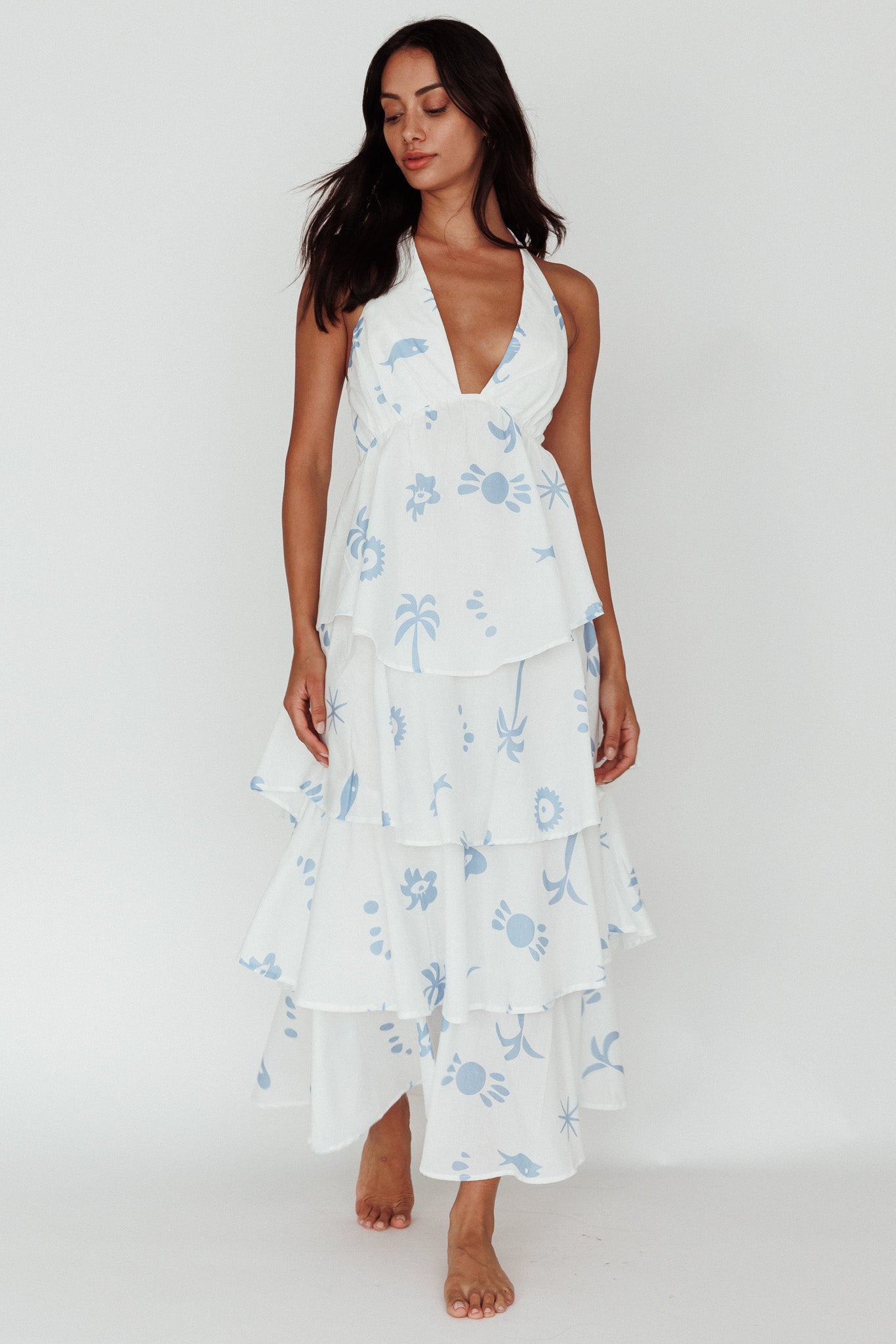 Catalina Tiered Ruffle Maxi Dress White Blue by Selfie Leslie Australia