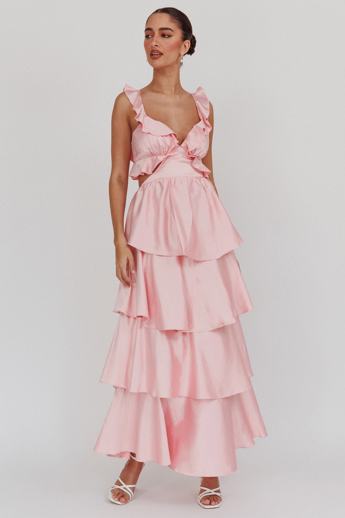 Catalina Tiered Ruffle Cut-Out Maxi Dress Blush by Selfie Leslie Australia