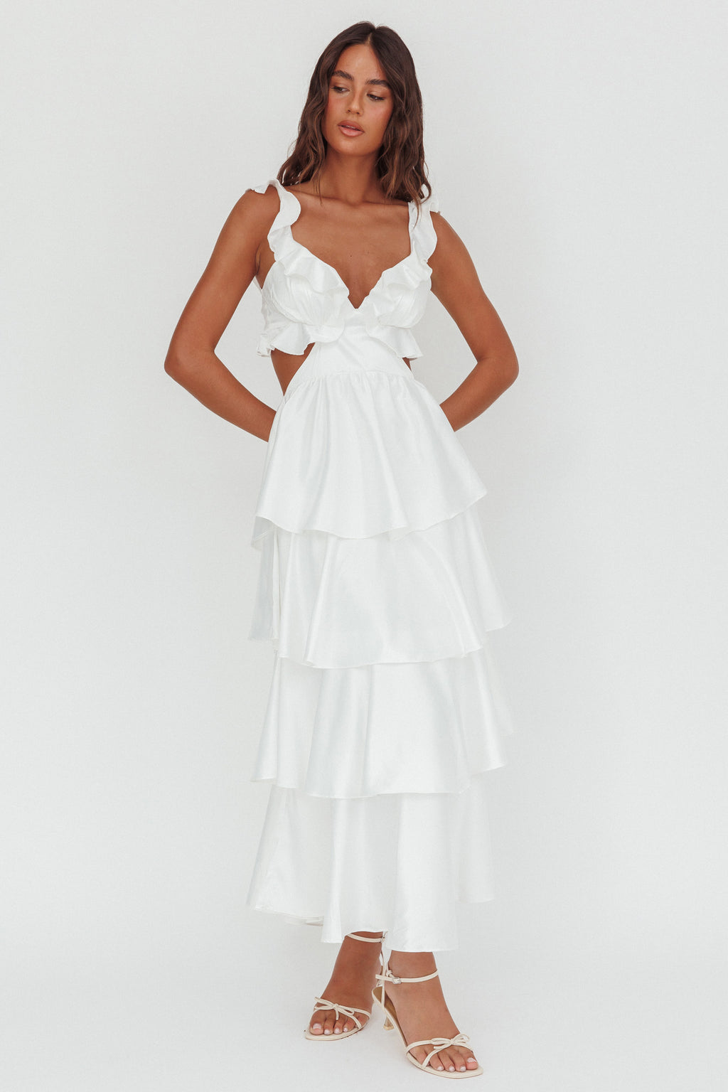 Catalina Tiered Ruffle Cut-Out Maxi Dress White by Selfie Leslie Australia