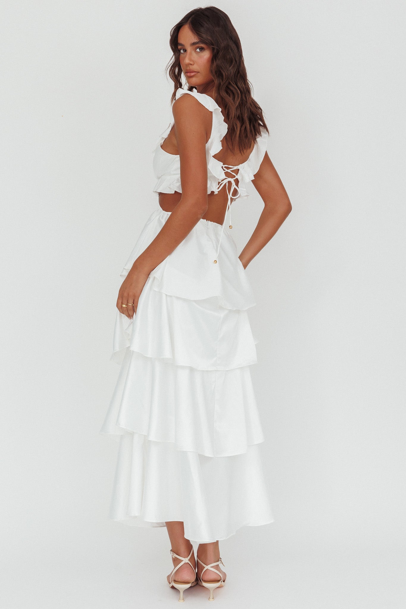 Catalina Tiered Ruffle Cut-Out Maxi Dress White by Selfie Leslie Australia