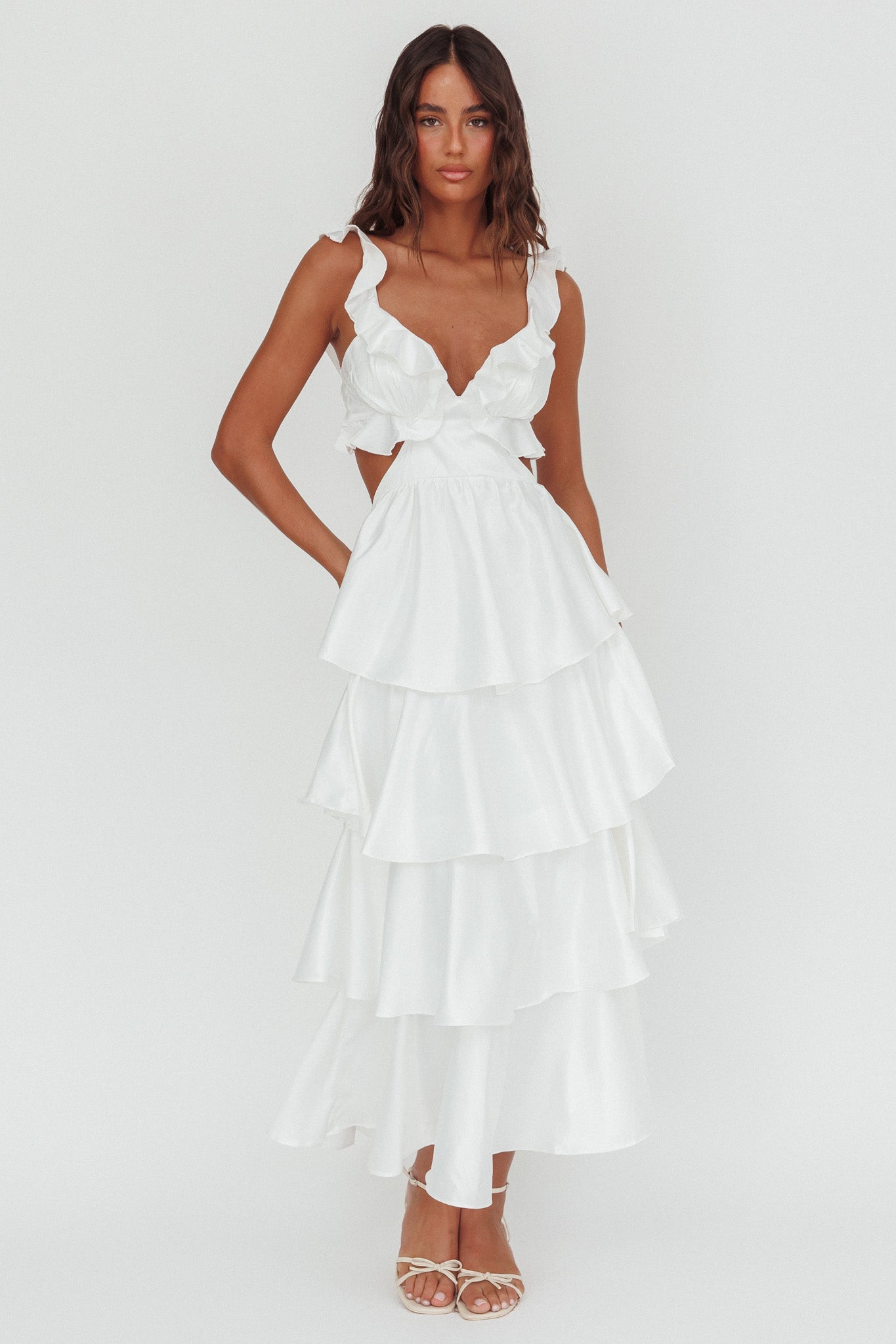 Catalina Tiered Ruffle Cut-Out Maxi Dress White by Selfie Leslie Australia