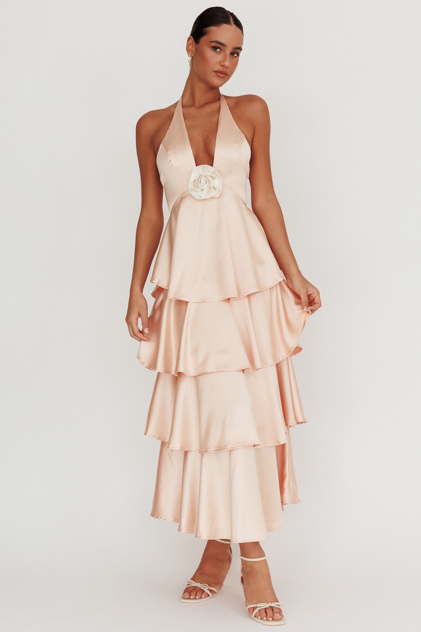 Catalina Tiered Ruffle Rosette Maxi Dress Peach by Selfie Leslie Australia