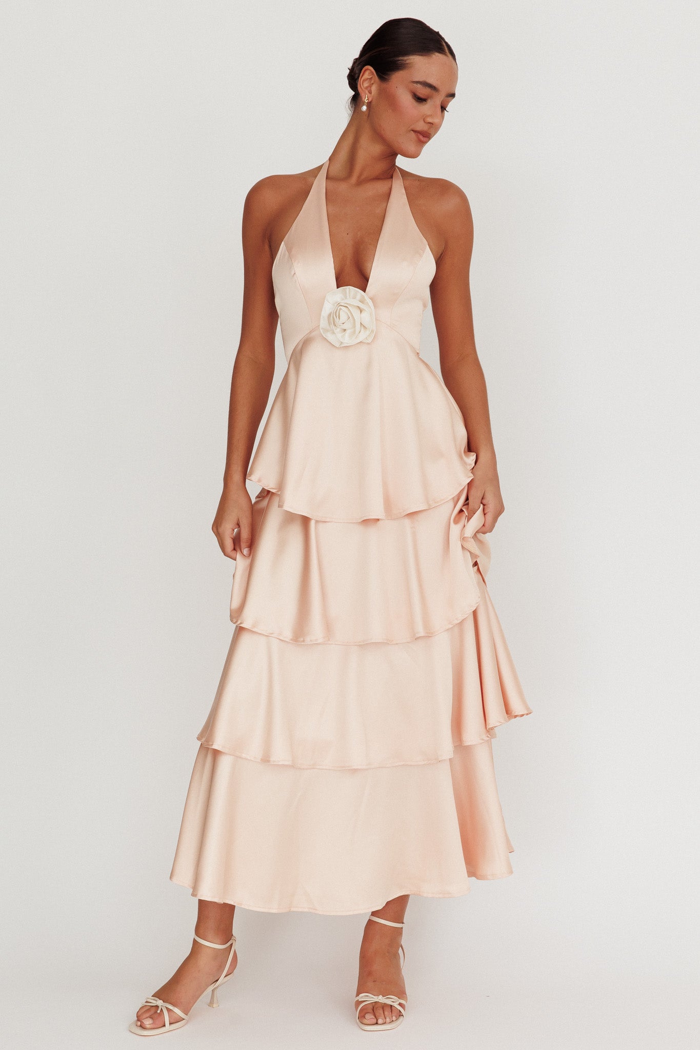 Catalina Tiered Ruffle Rosette Maxi Dress Peach by Selfie Leslie Australia