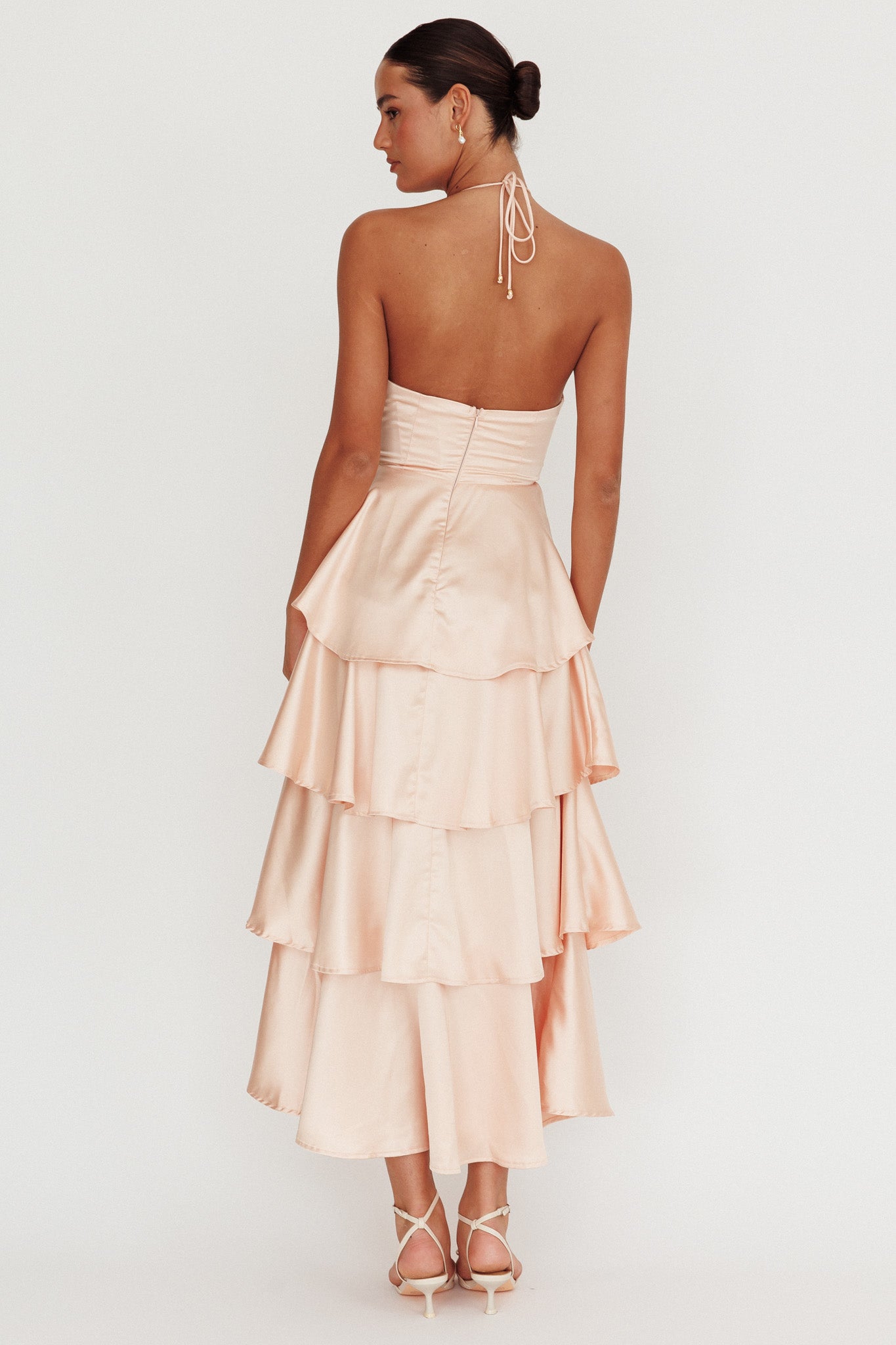 Catalina Tiered Ruffle Rosette Maxi Dress Peach by Selfie Leslie Australia