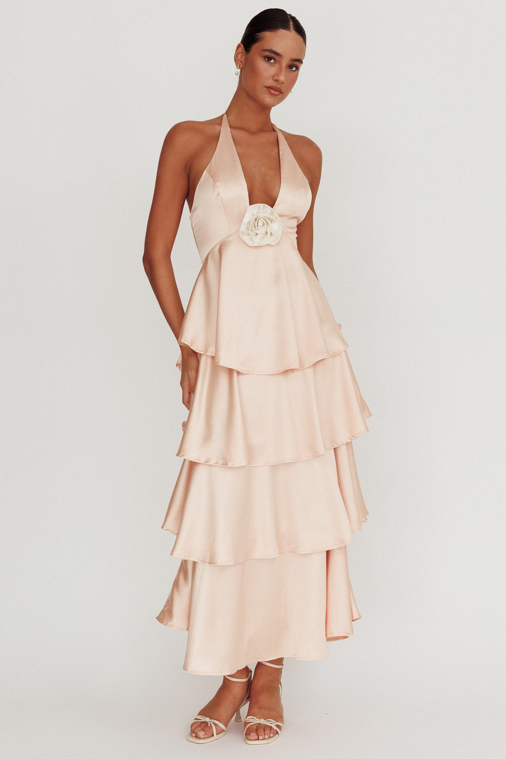 Catalina Tiered Ruffle Rosette Maxi Dress Peach by Selfie Leslie Australia