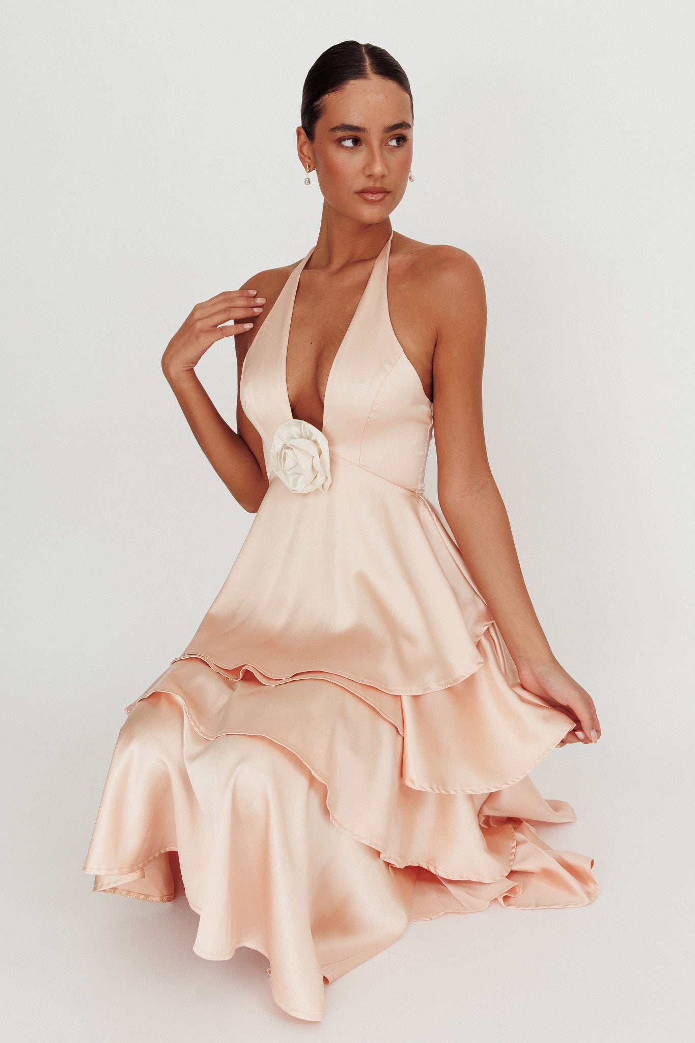 Catalina Tiered Ruffle Rosette Maxi Dress Peach by Selfie Leslie Australia