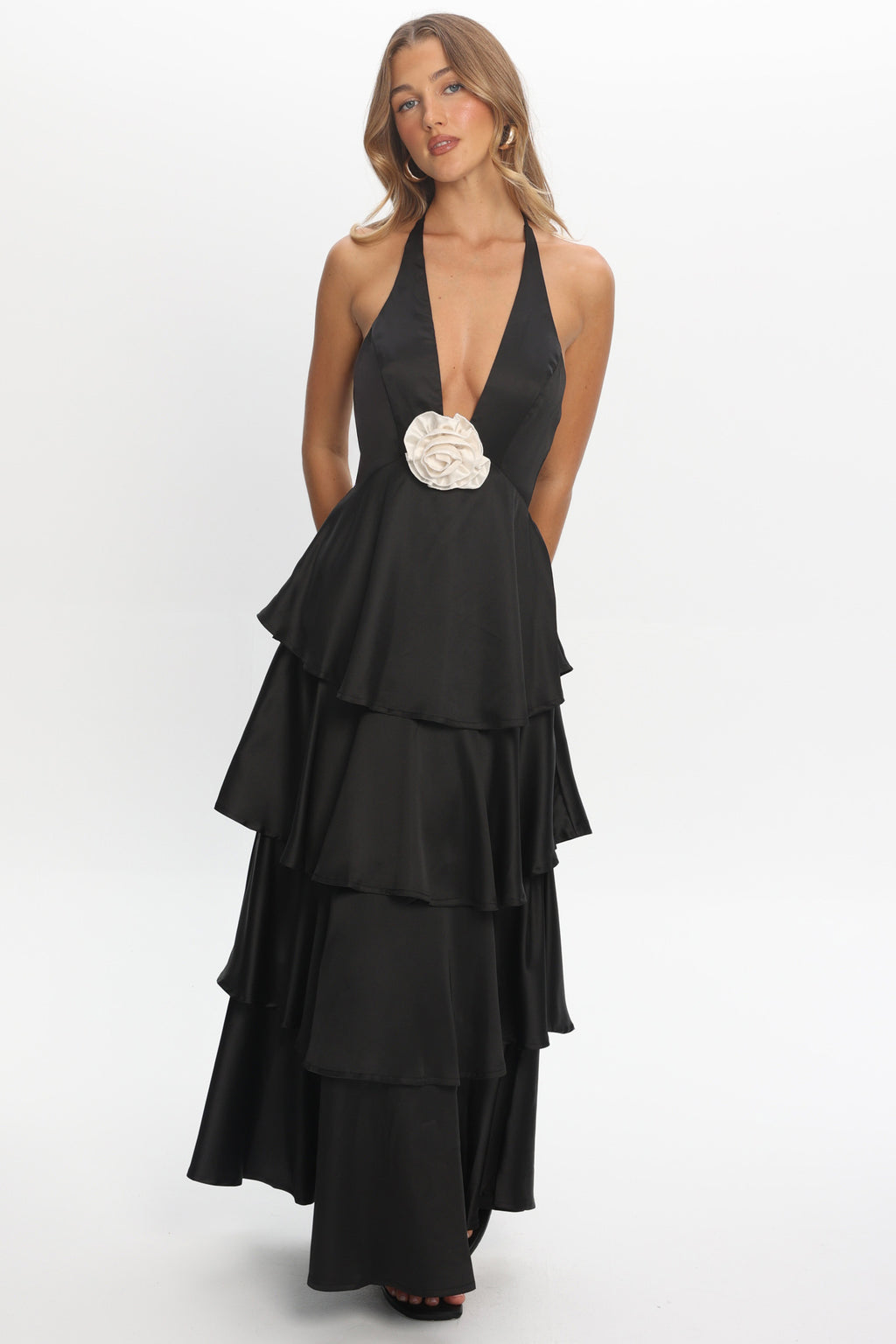Catalina Tiered Ruffle Rosette Maxi Dress Black by Selfie Leslie Australia