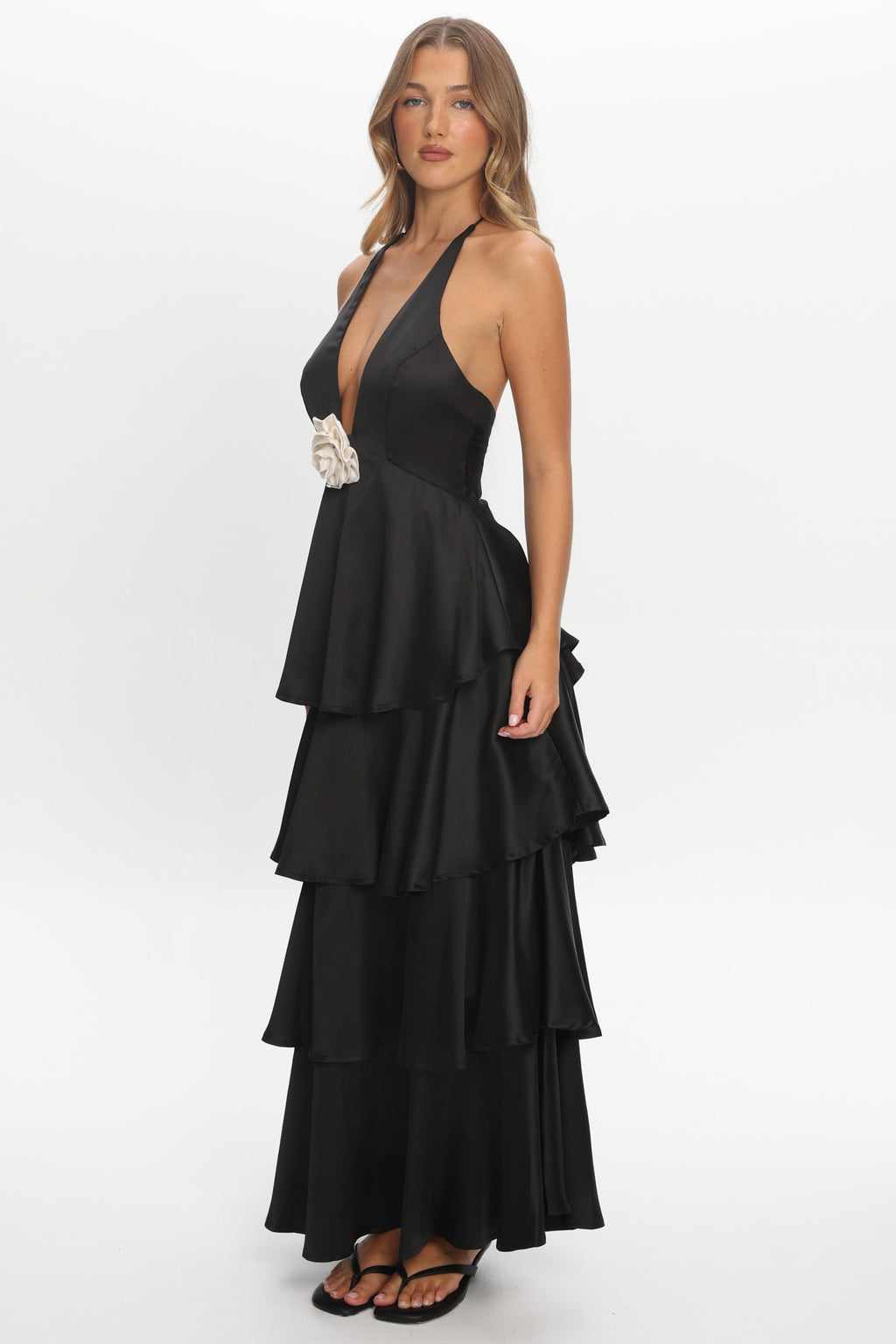 Catalina Tiered Ruffle Rosette Maxi Dress Black by Selfie Leslie Australia