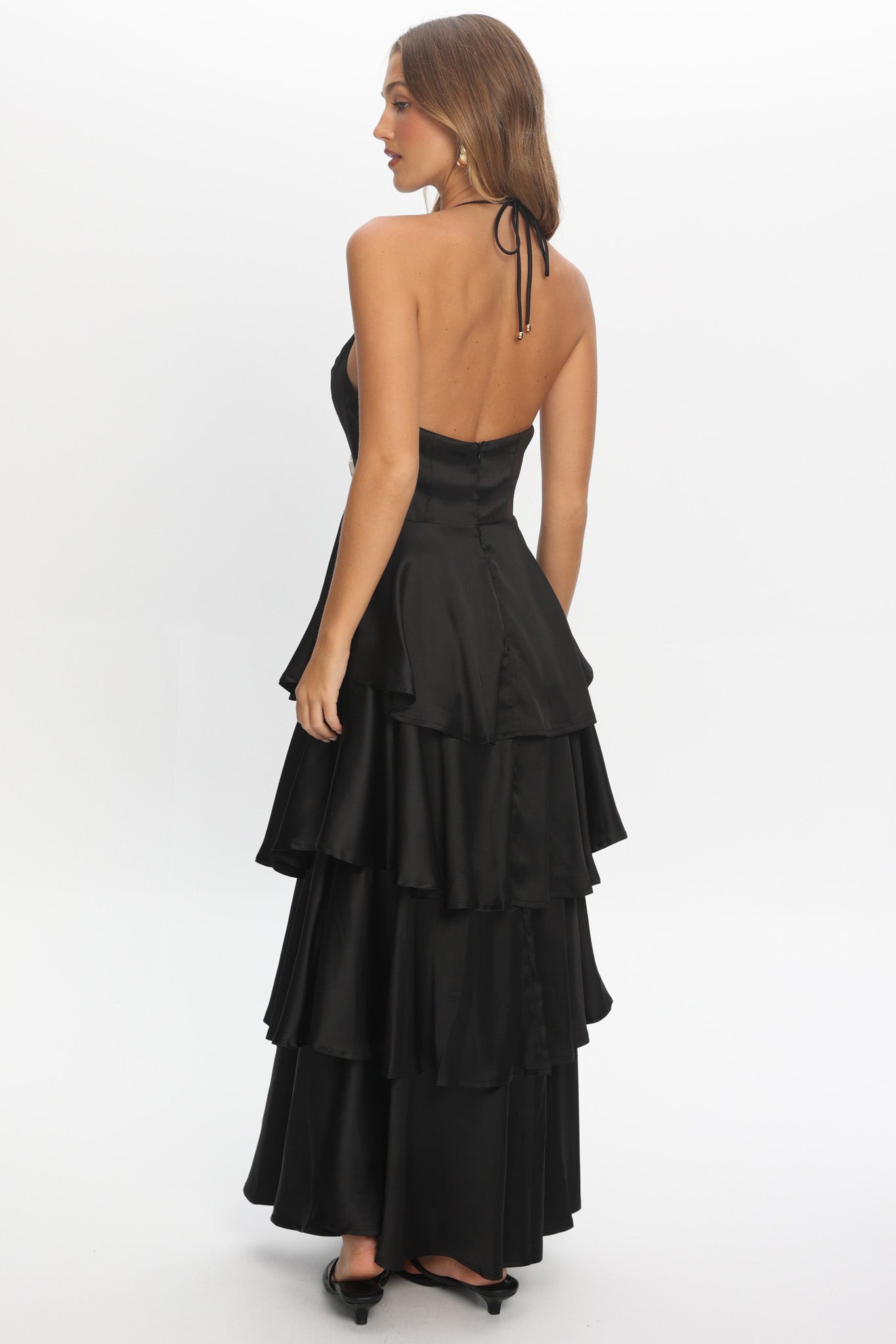Catalina Tiered Ruffle Rosette Maxi Dress Black by Selfie Leslie Australia