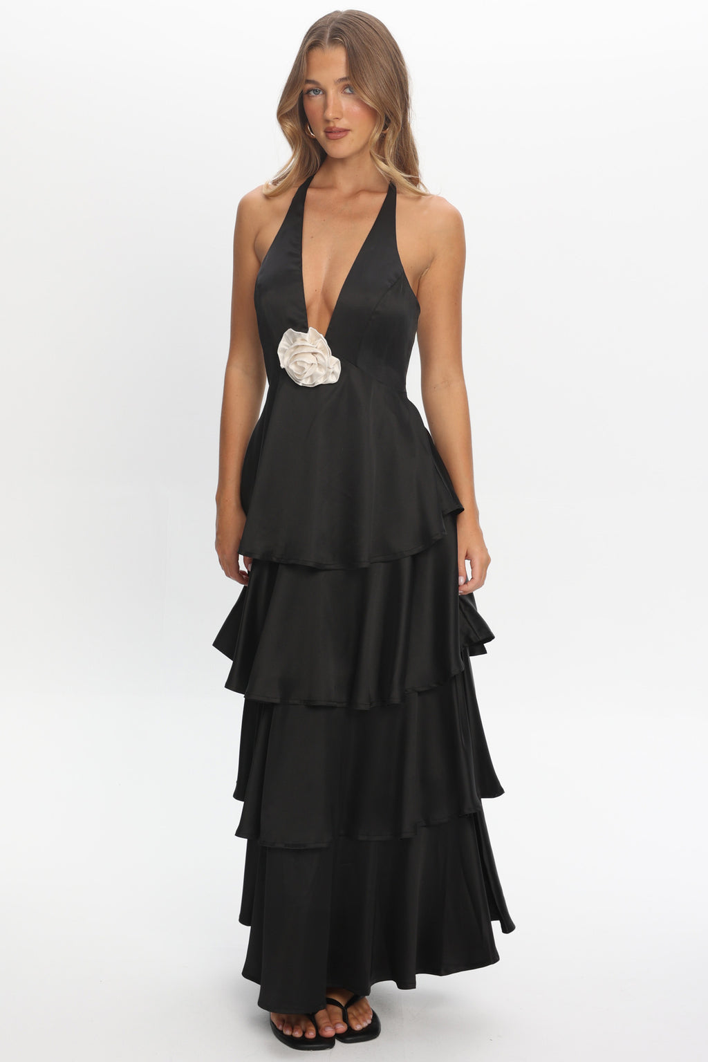Catalina Tiered Ruffle Rosette Maxi Dress Black by Selfie Leslie Australia