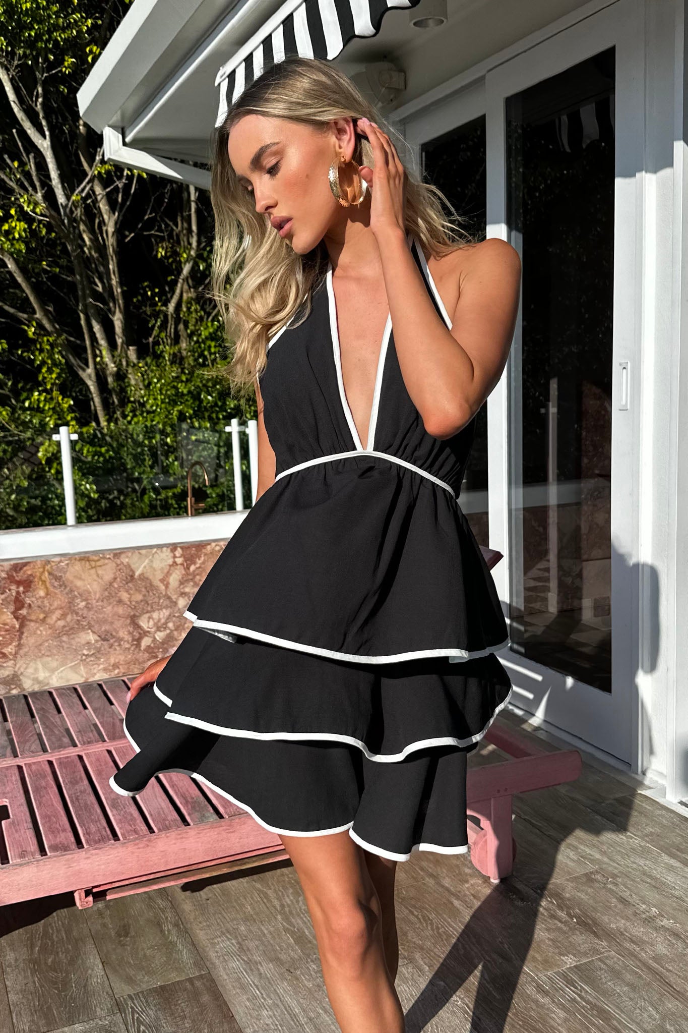 Catalina Tiered Ruffle Mini Dress Black/White by Selfie Leslie Australia