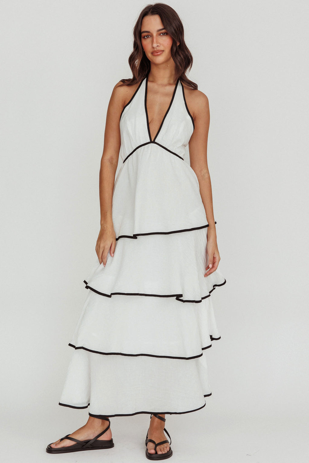 Catalina Tiered Ruffle Maxi Dress White/Black by Selfie Leslie Australia