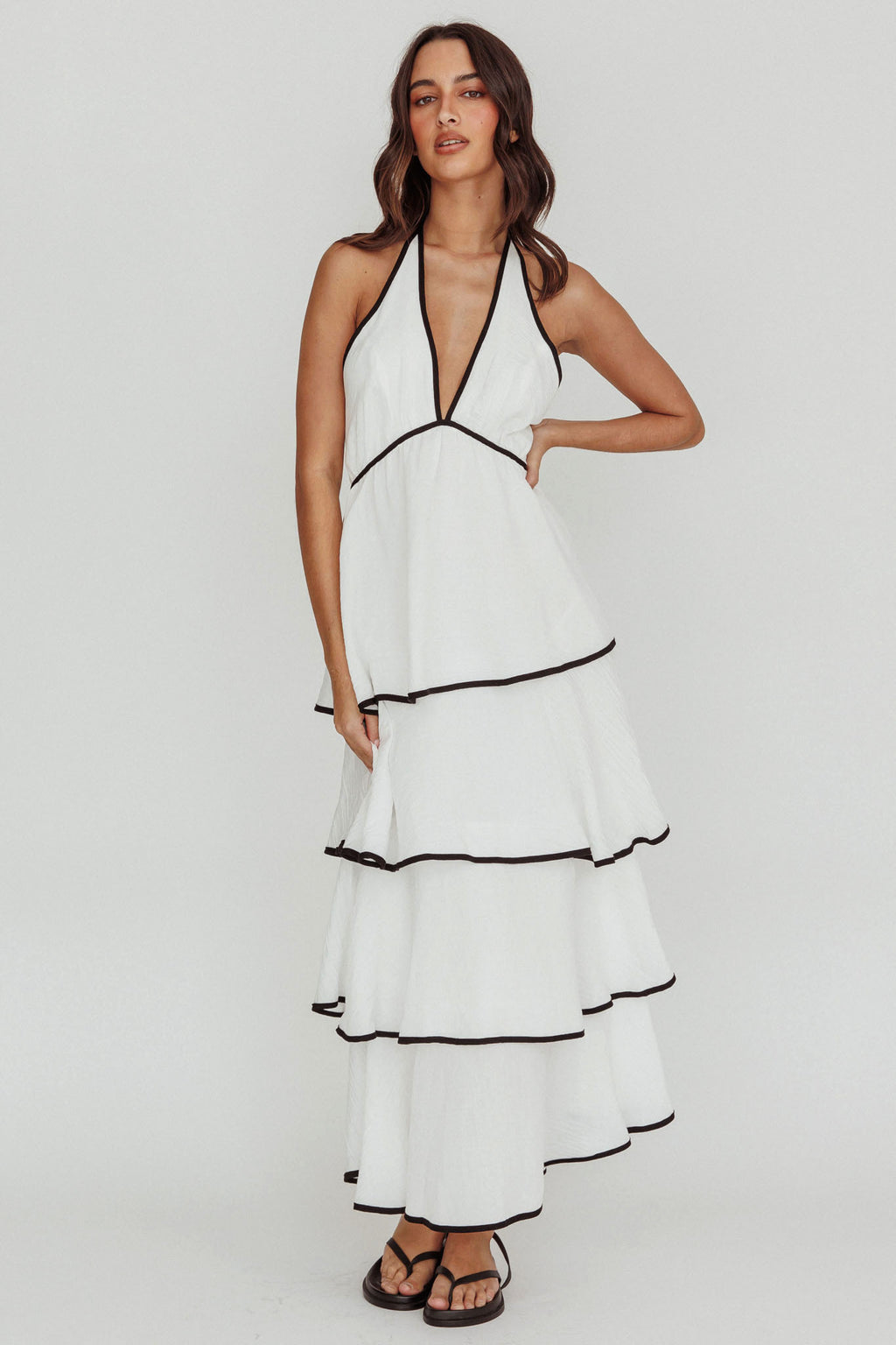 Catalina Tiered Ruffle Maxi Dress White/Black by Selfie Leslie Australia