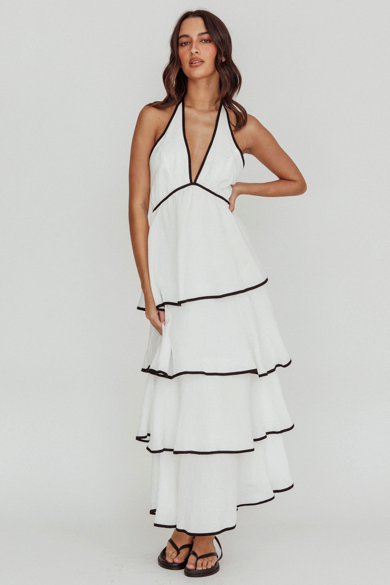 Catalina Tiered Ruffle Maxi Dress White/Black by Selfie Leslie Australia