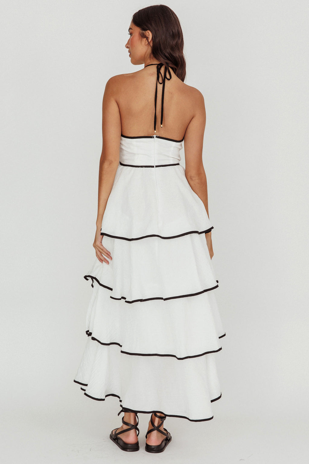 Catalina Tiered Ruffle Maxi Dress White/Black by Selfie Leslie Australia