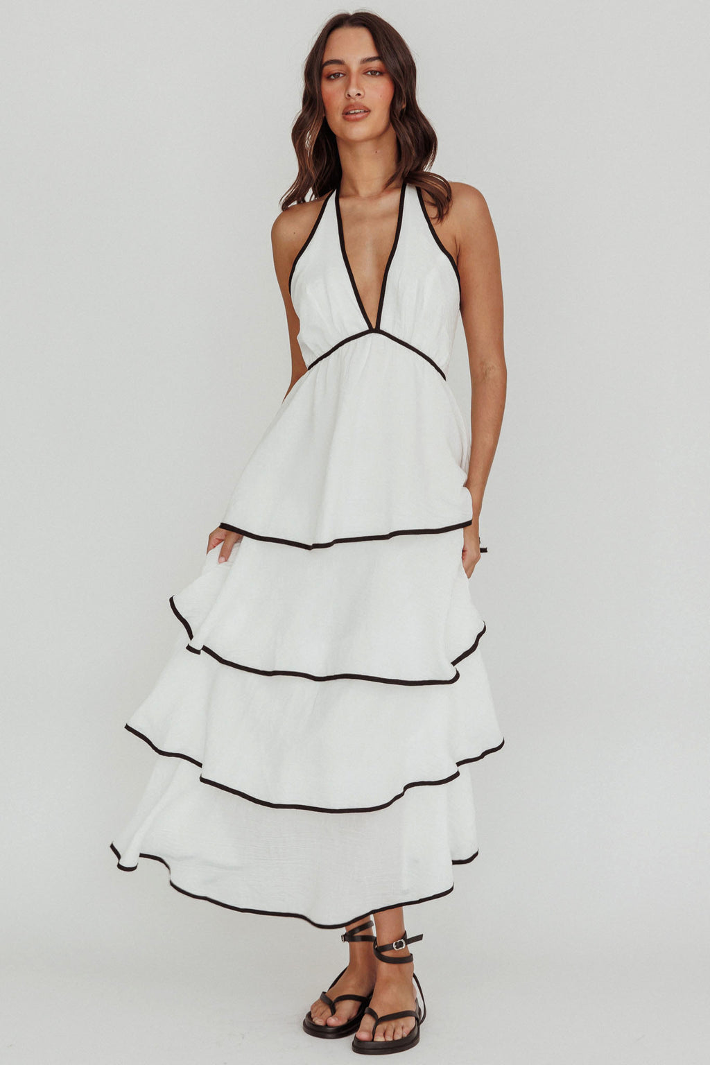 Catalina Tiered Ruffle Maxi Dress White/Black by Selfie Leslie Australia