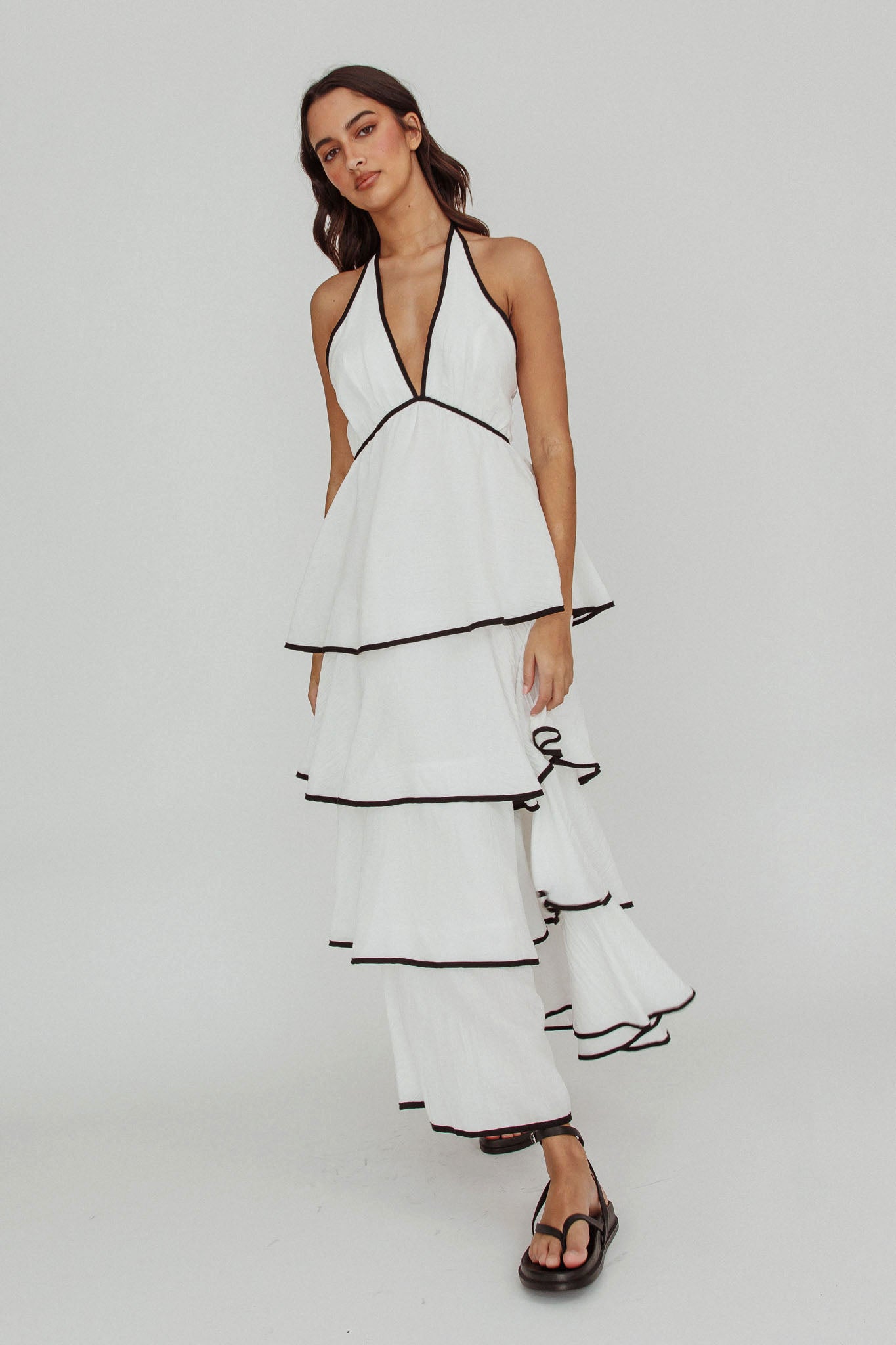 Catalina Tiered Ruffle Maxi Dress White/Black by Selfie Leslie Australia