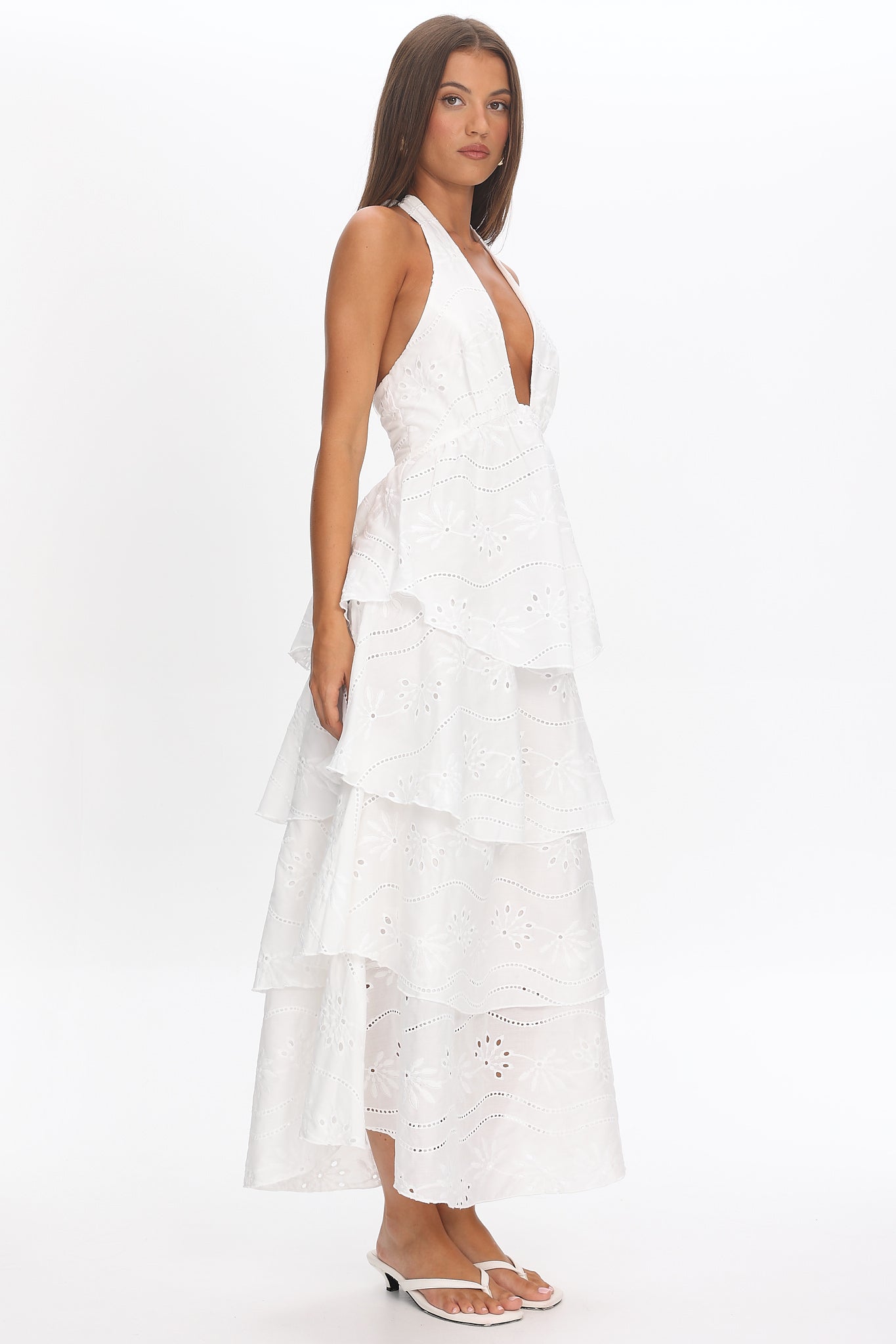Catalina Tiered Halter Maxi Dress Eyelet White