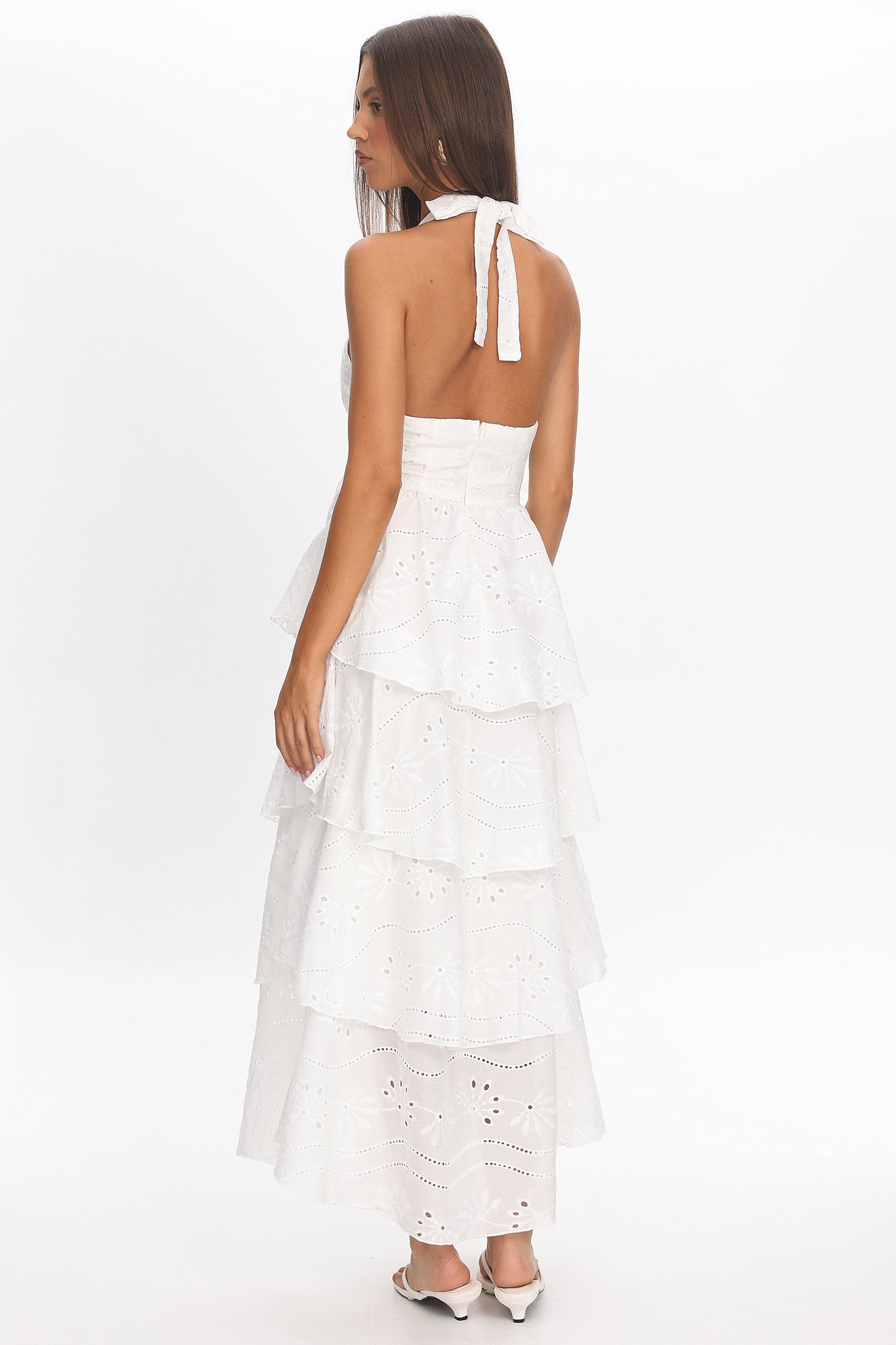 Catalina Tiered Halter Maxi Dress Eyelet White
