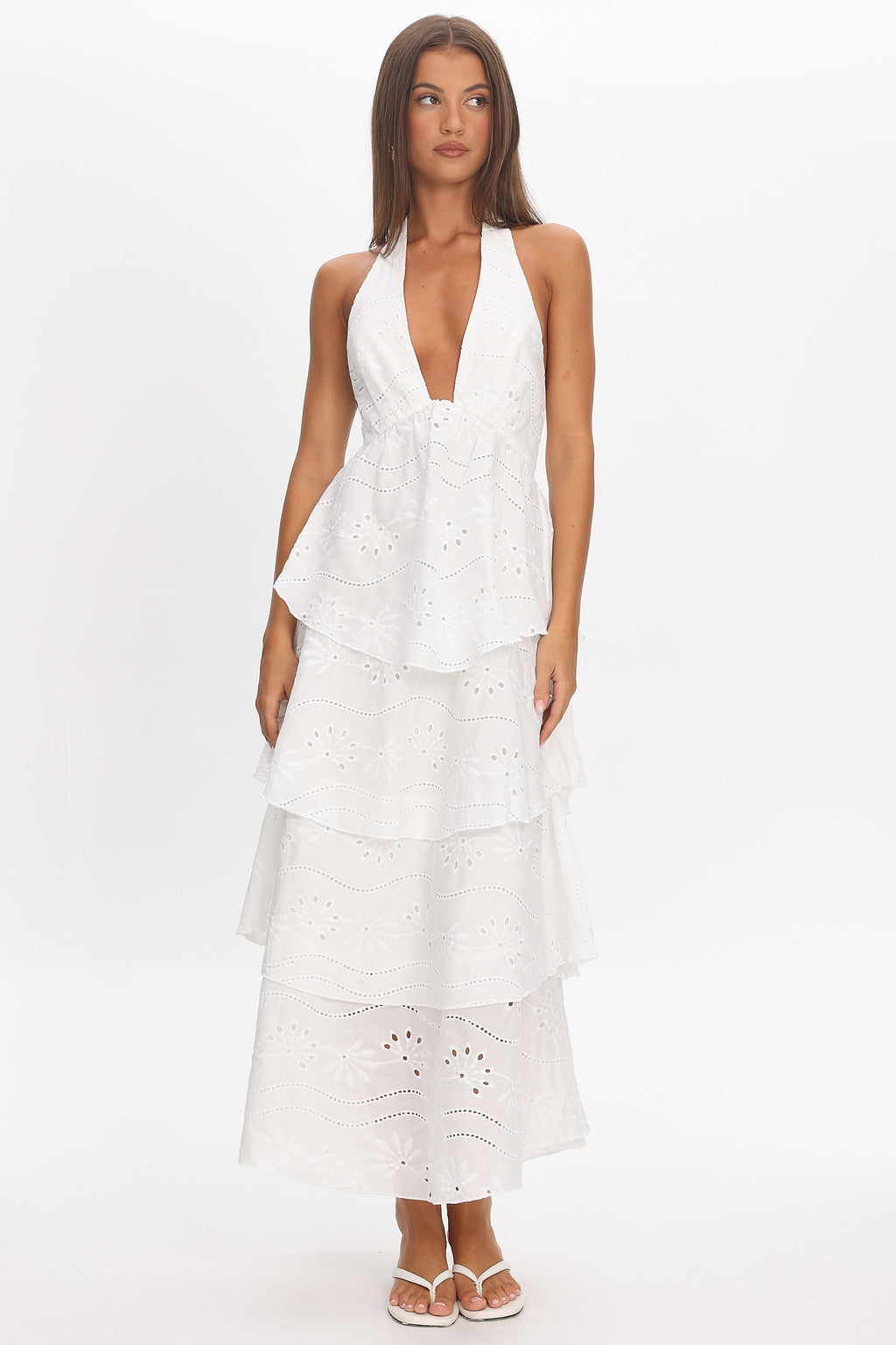 Catalina Tiered Halter Maxi Dress Eyelet White