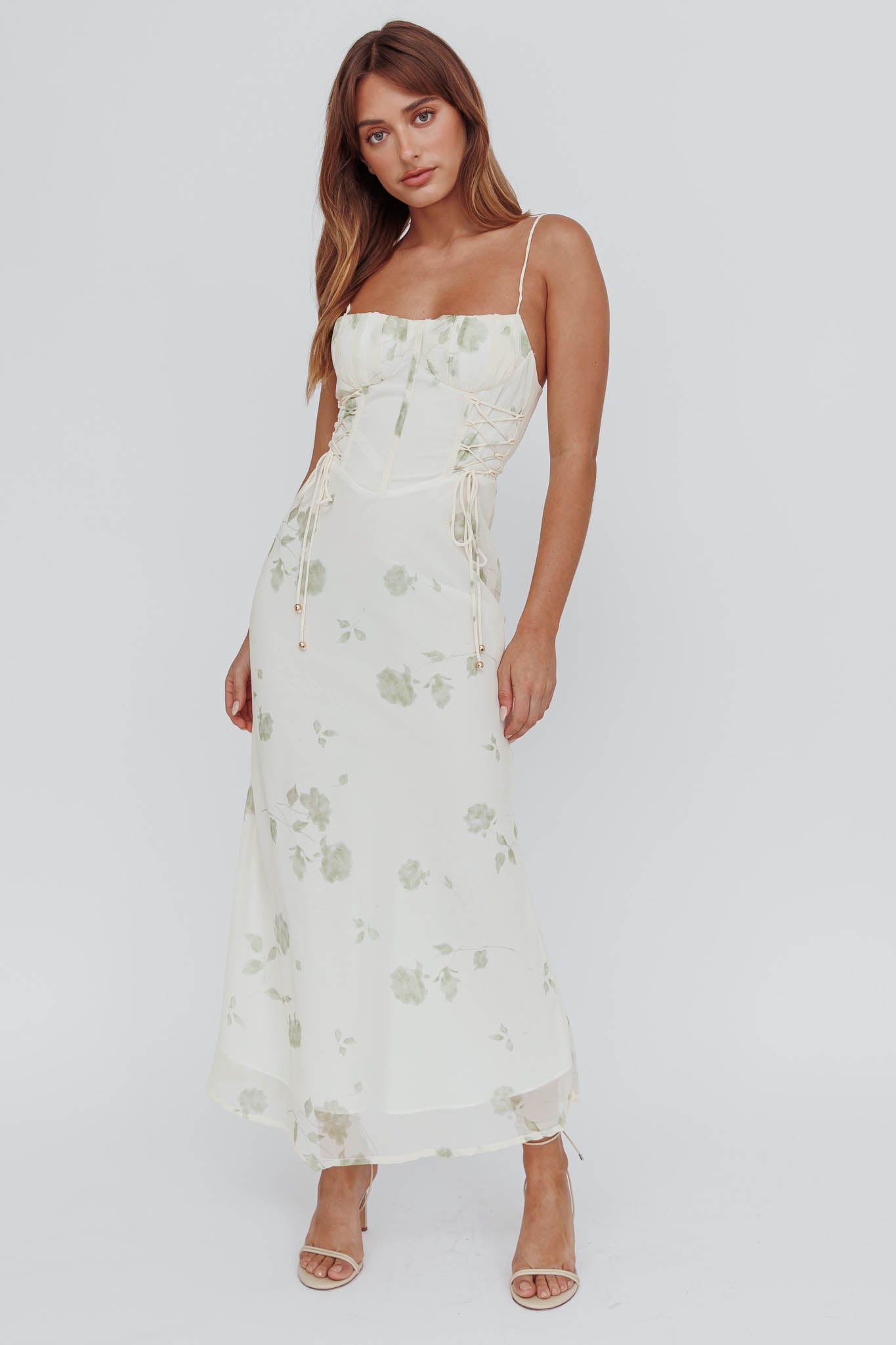 Graziella Laced Corset Midi Dress Floral Green by Selfie Leslie Australia