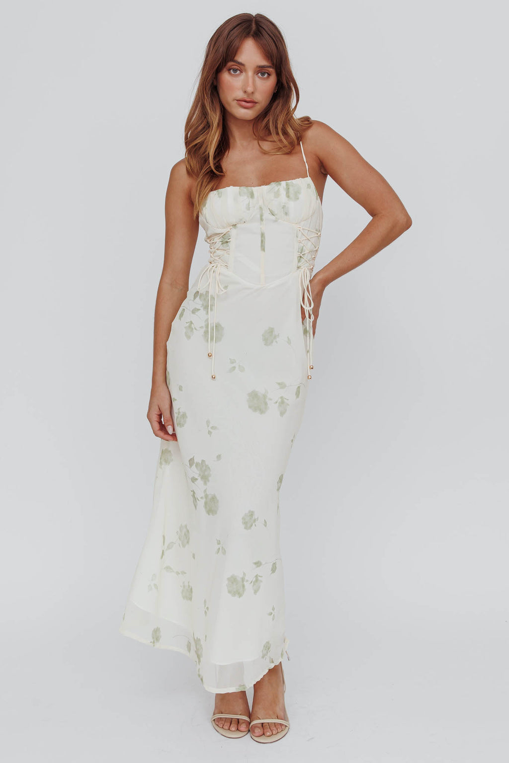 Graziella Laced Corset Midi Dress Floral Green by Selfie Leslie Australia