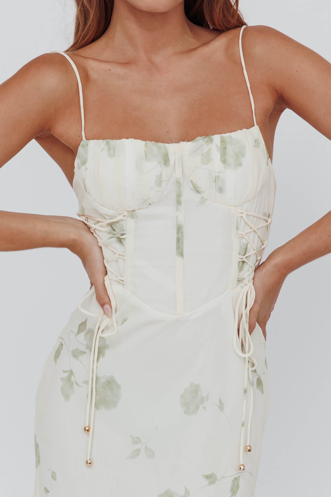 Graziella Laced Corset Midi Dress Floral Green by Selfie Leslie Australia