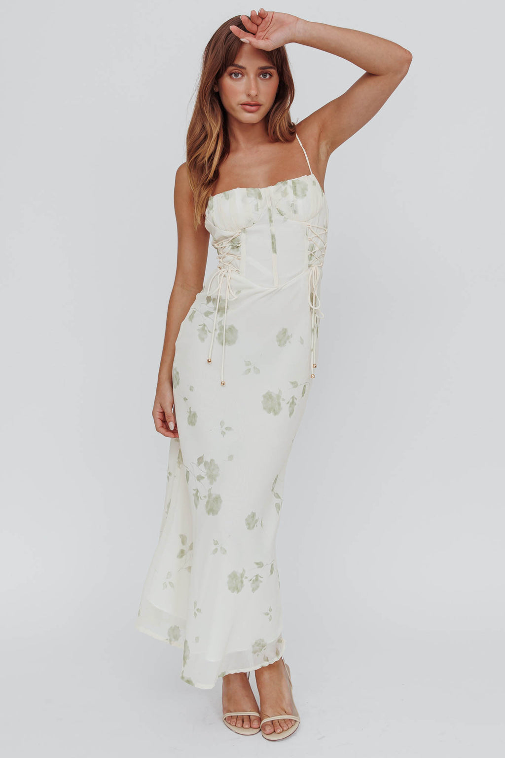 Graziella Laced Corset Midi Dress Floral Green by Selfie Leslie Australia