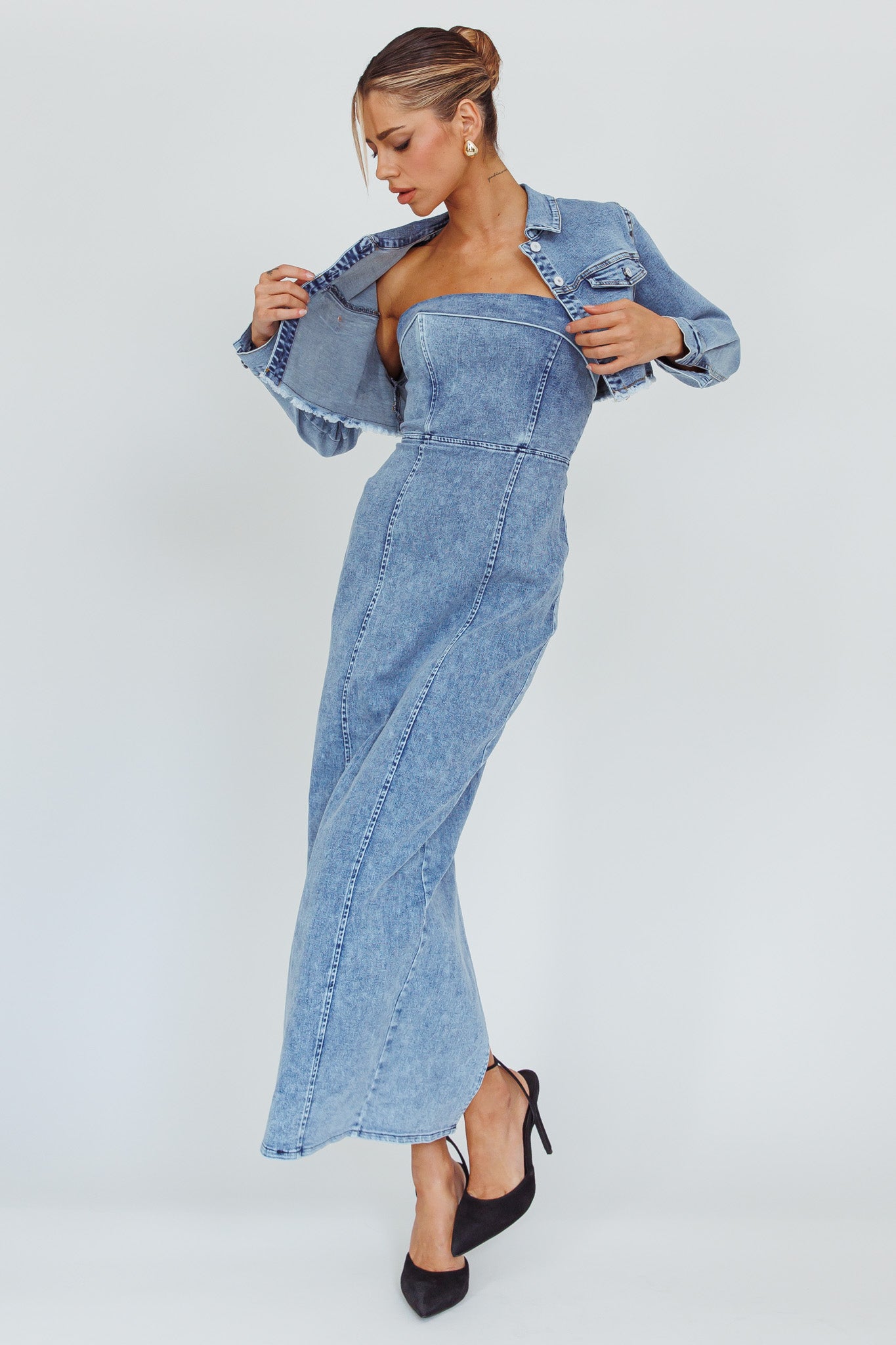 Press Play Strapless Maxi Dress Denim Blue by Selfie Leslie Australia