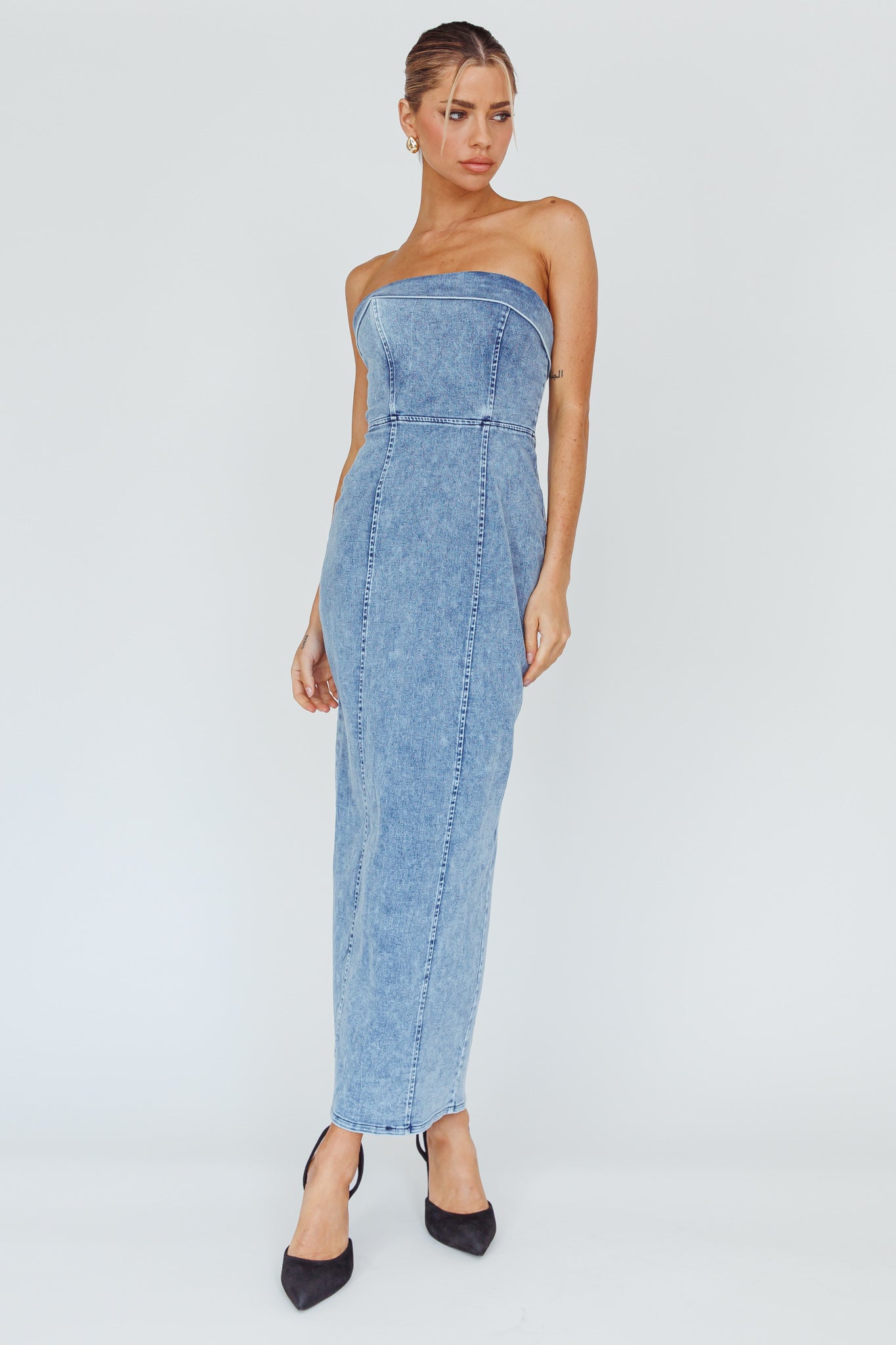 Press Play Strapless Maxi Dress Denim Blue by Selfie Leslie Australia