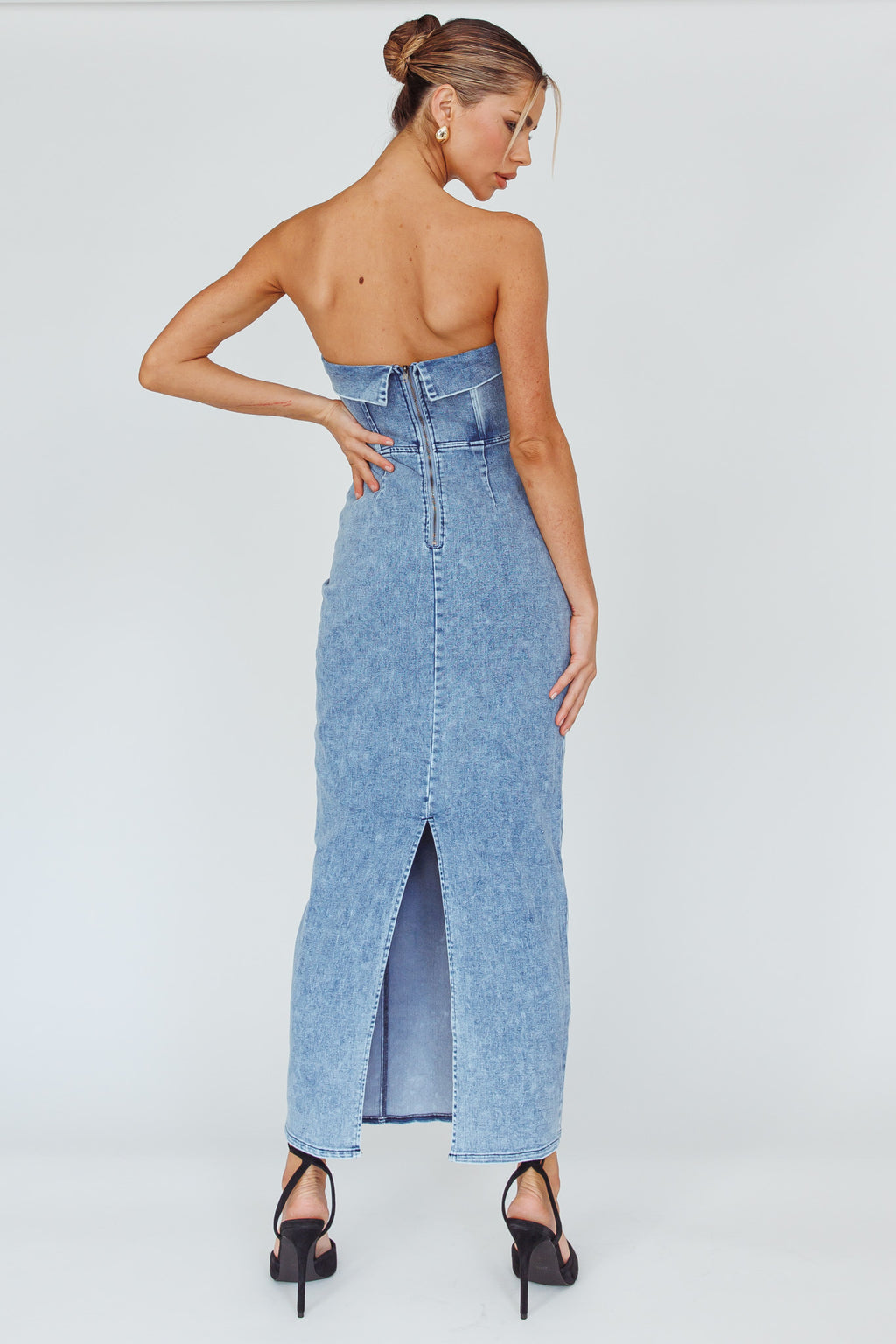 Press Play Strapless Maxi Dress Denim Blue by Selfie Leslie Australia