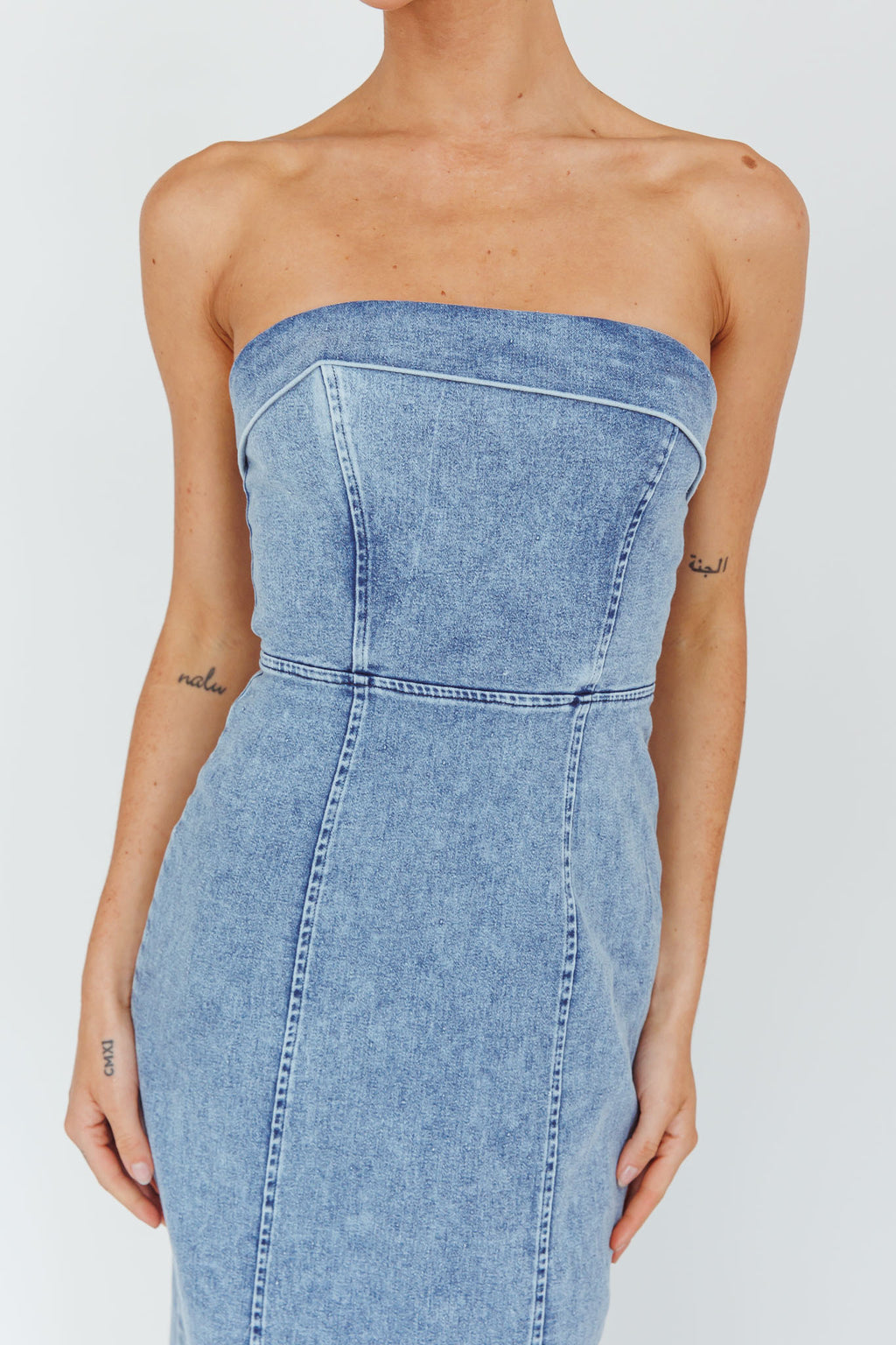 Press Play Strapless Maxi Dress Denim Blue by Selfie Leslie Australia