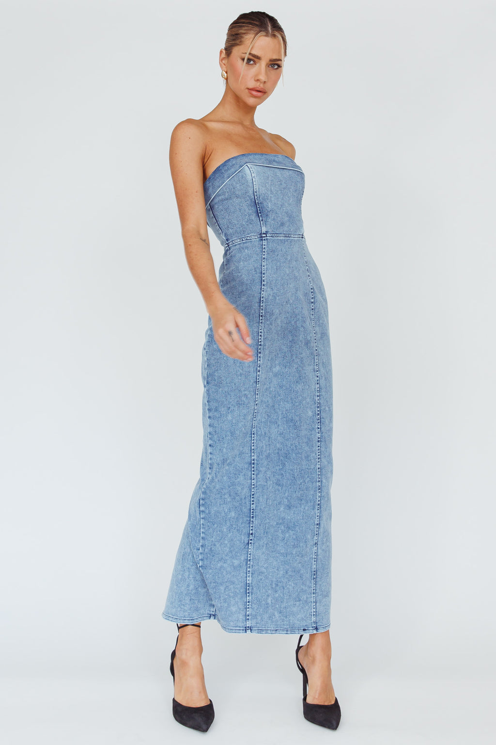 Press Play Strapless Maxi Dress Denim Blue by Selfie Leslie Australia