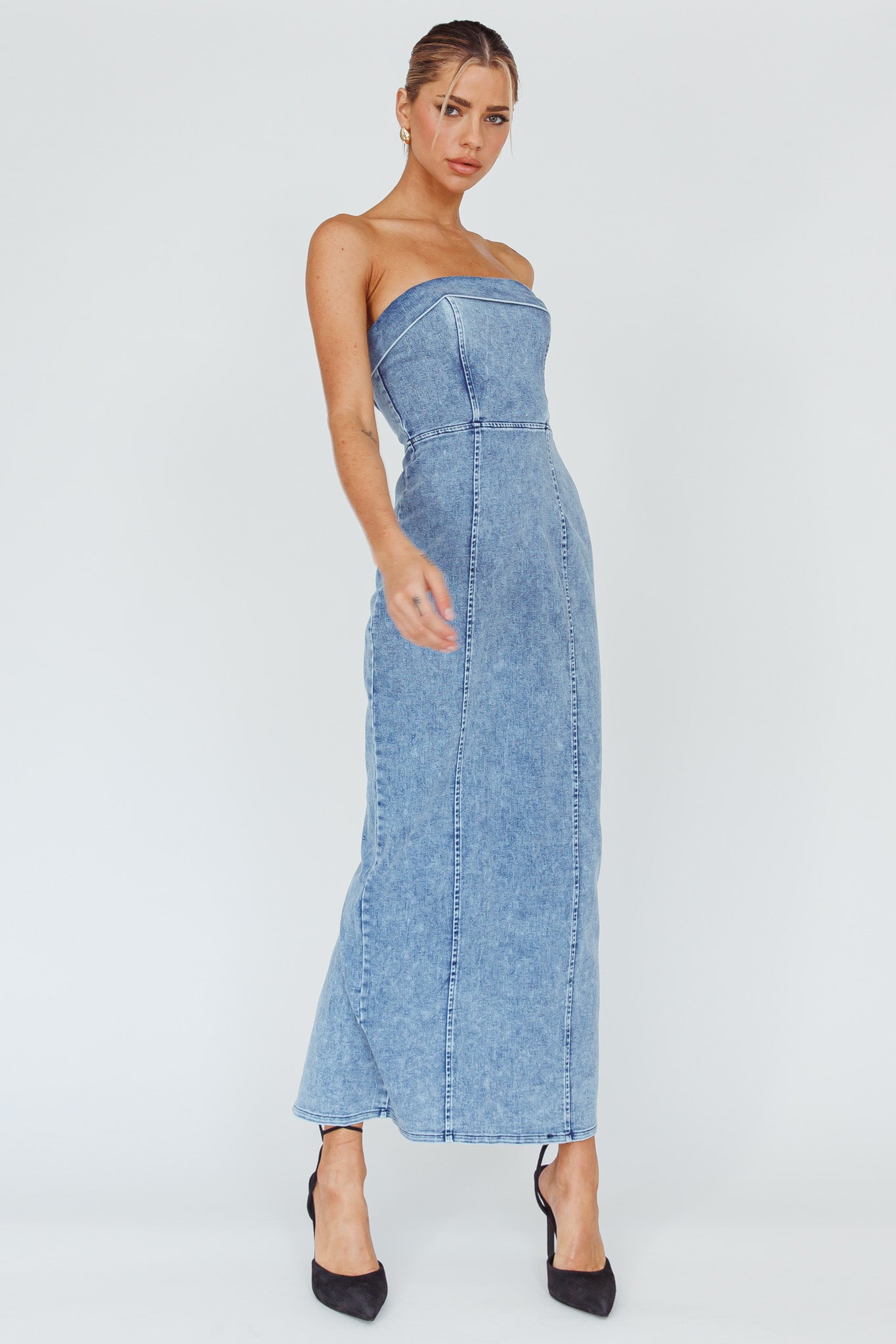 Press Play Strapless Maxi Dress Denim Blue by Selfie Leslie Australia