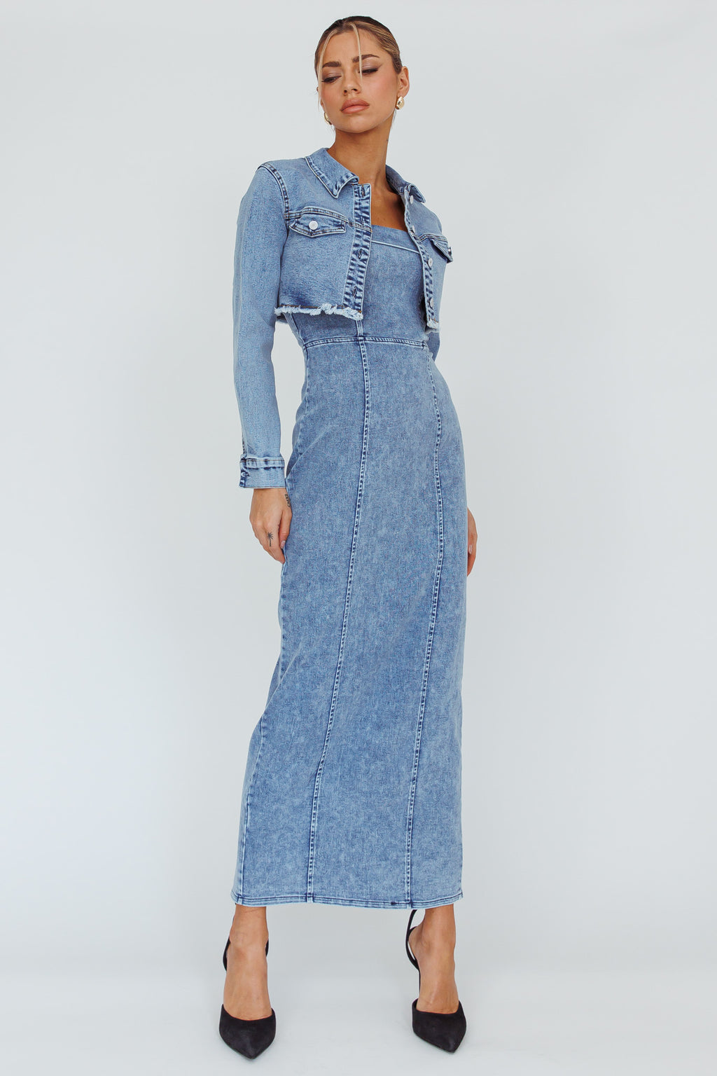 Press Play Strapless Maxi Dress Denim Blue by Selfie Leslie Australia